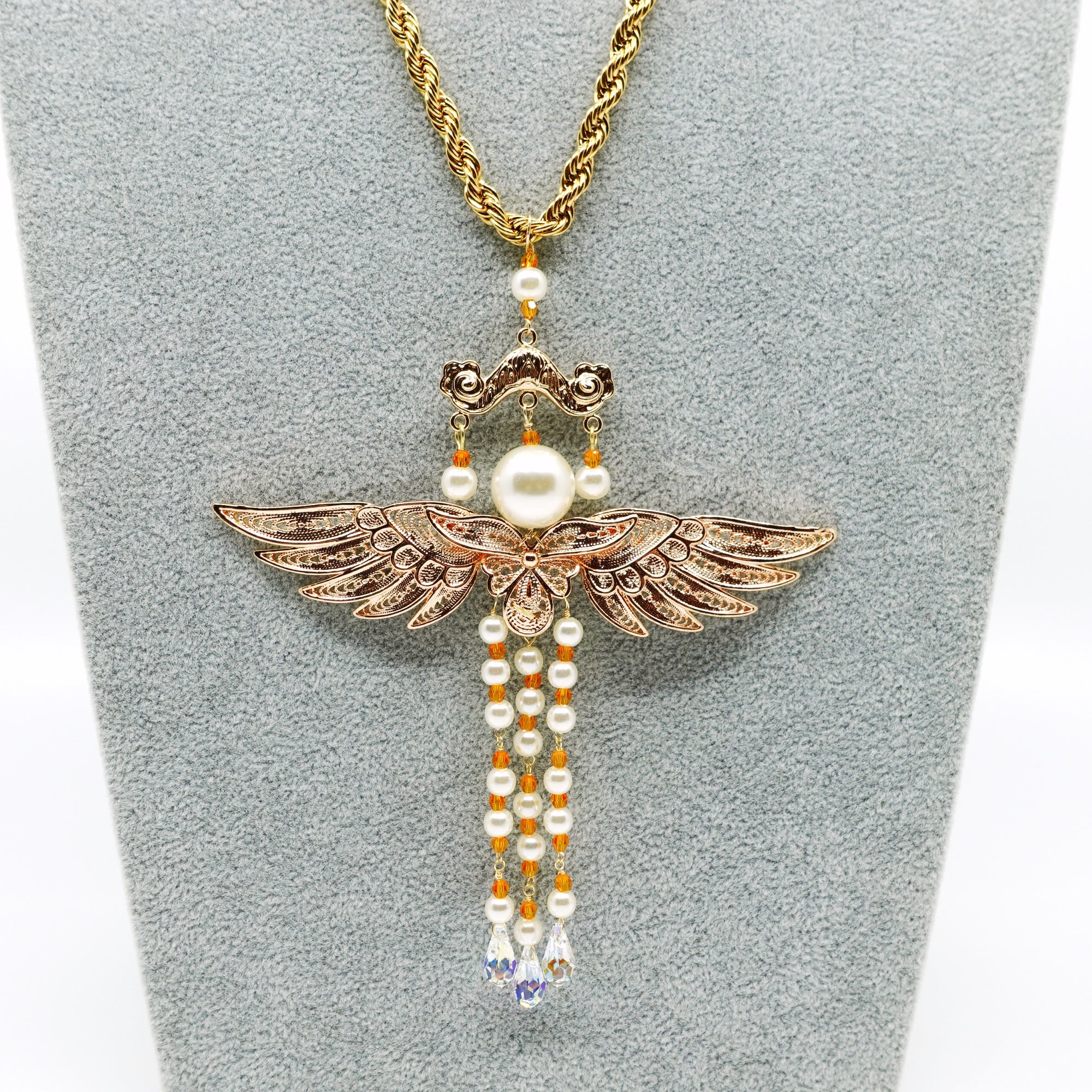 Gold Phoenix Wing Pearl Tassel Necklace - Yun Boutique