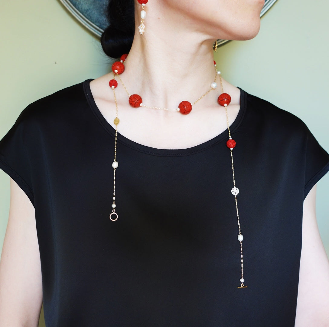 The Nine Cinnabar Necklace and Earrings Set - Yun Boutique