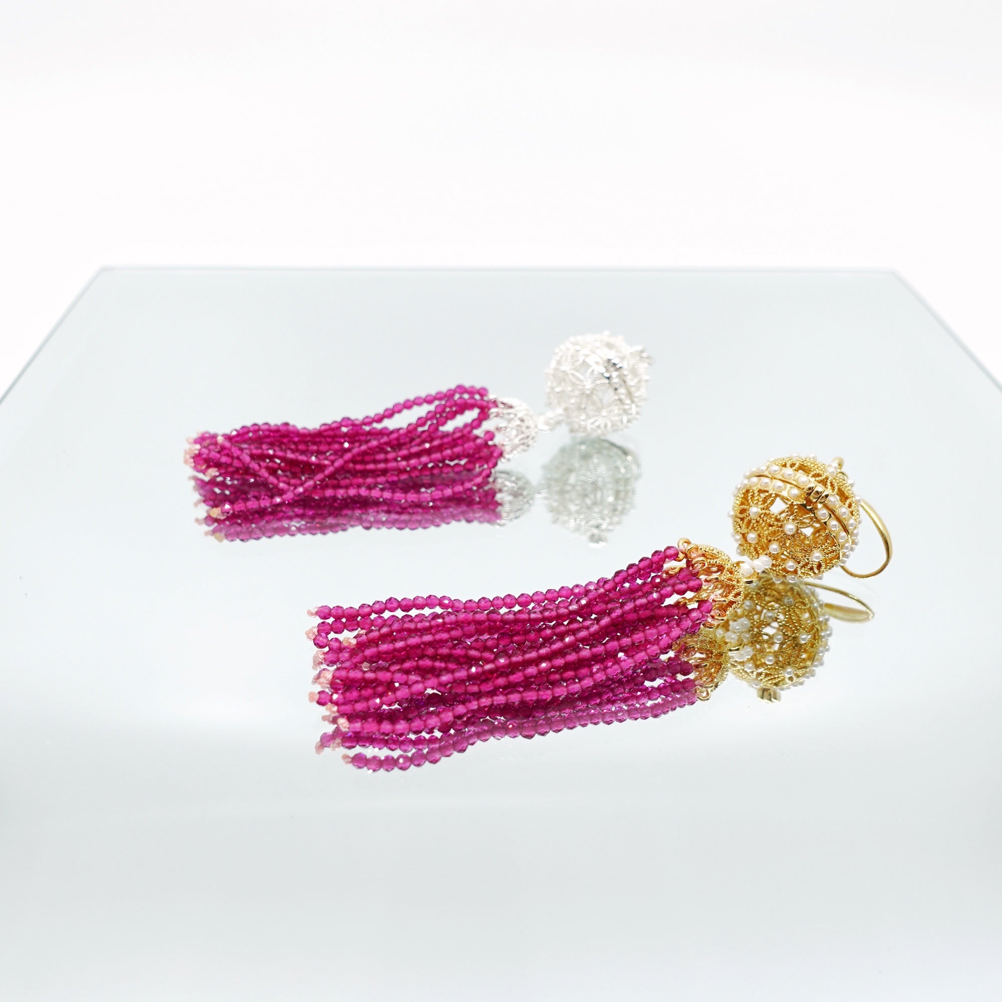 Herbal Locket Crystal Tassel Earrings - Fuchsia Zirconia - Yun Boutique