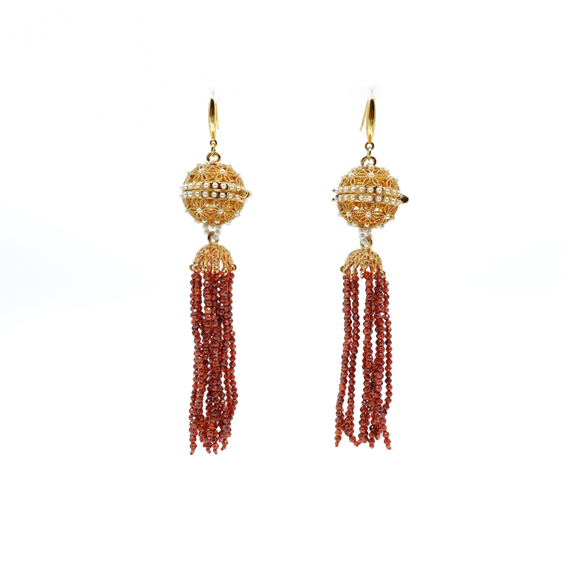 Herbal Locket Crystal Tassel Earrings - Carnelian Zirconia - Yun Boutique