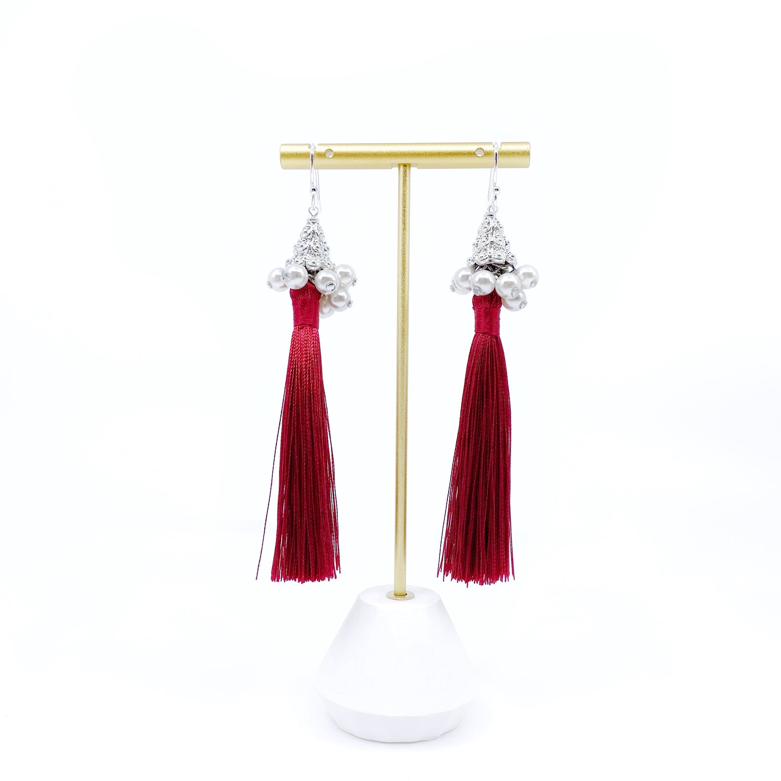 Yun Boutique Silver Red Silk Tassel Earrings Short, New Year Gift, Christmas Gift