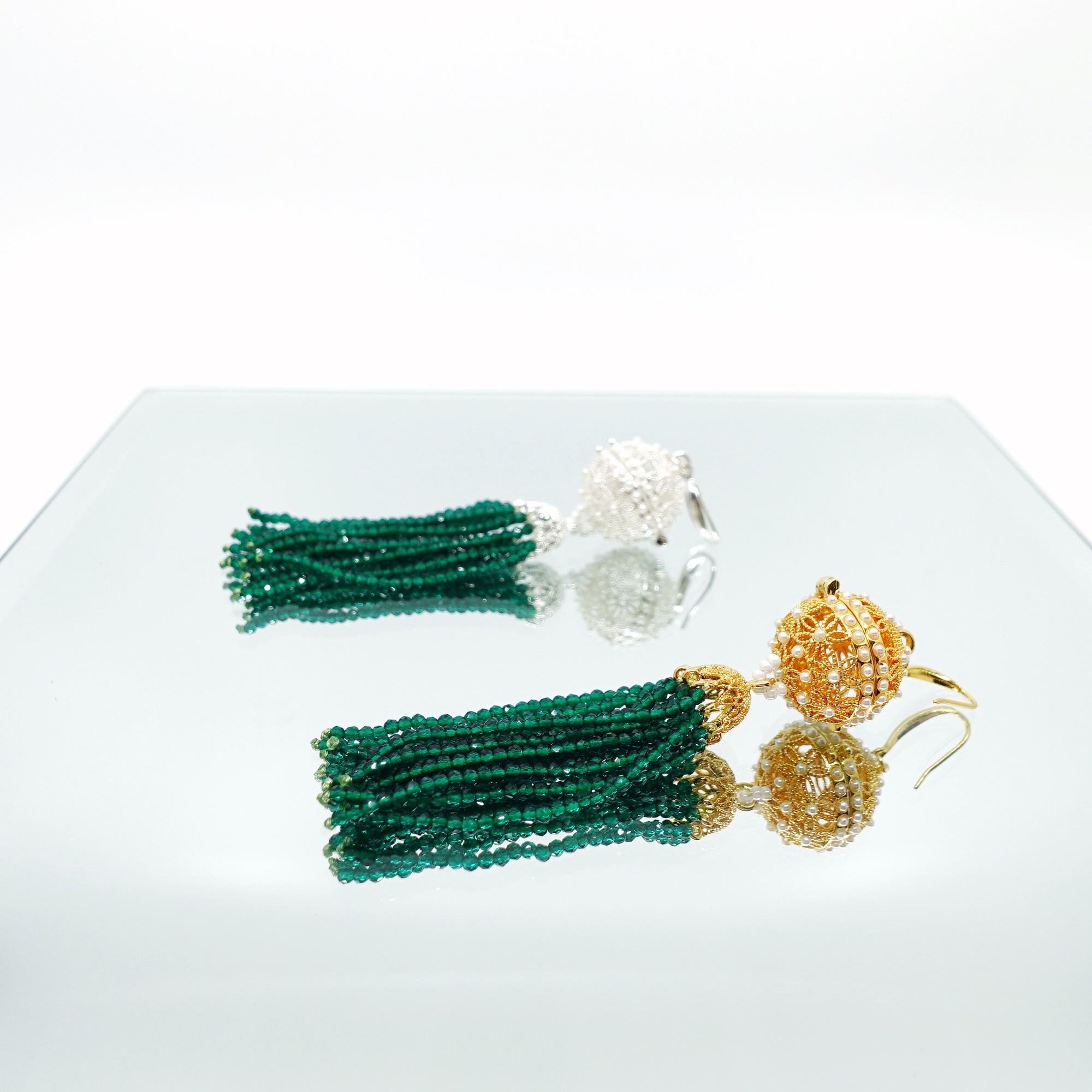 Herbal Locket Crystal Tassel Earrings - Emerald Zirconia - Yun Boutique