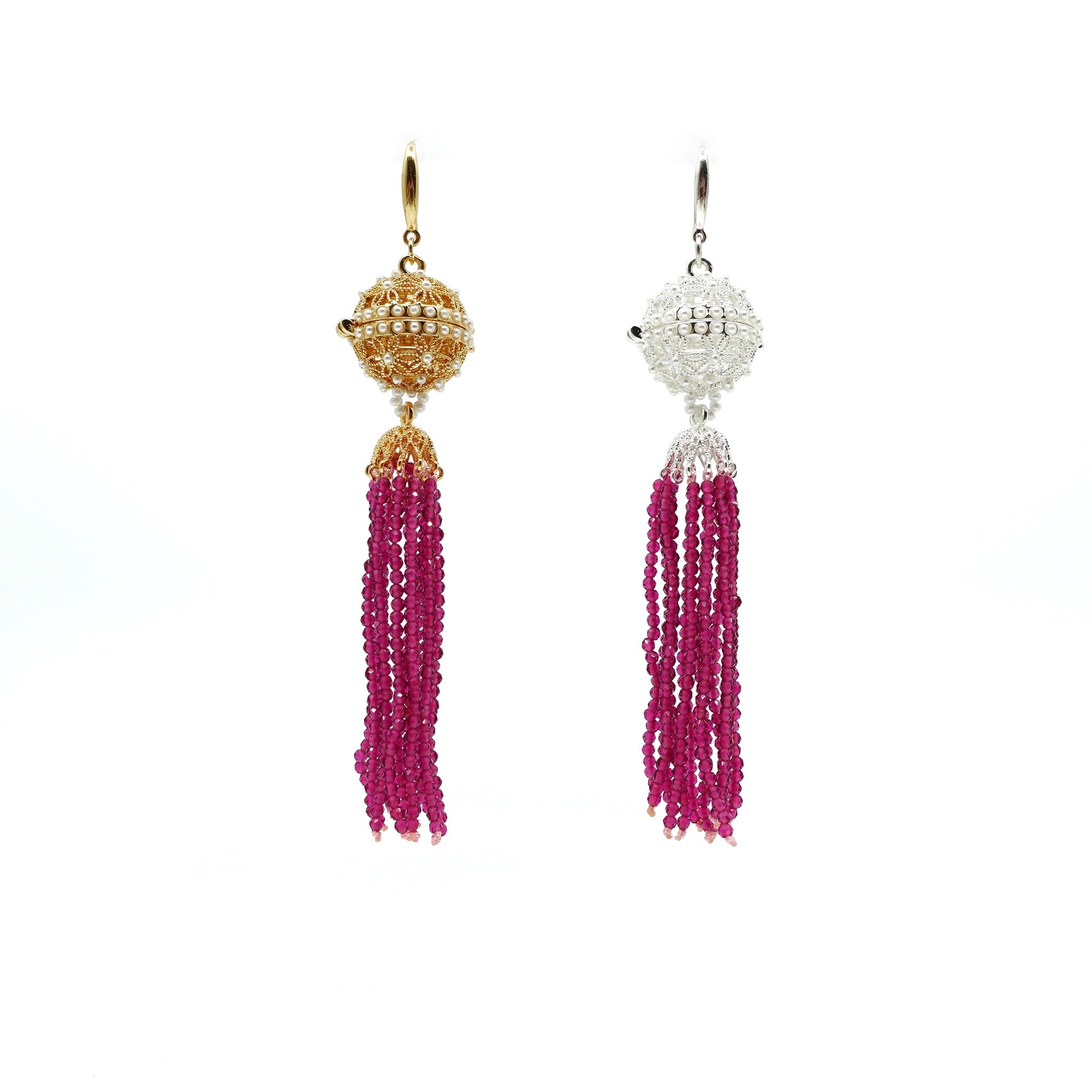 Herbal Locket Crystal Tassel Earrings - Fuchsia Zirconia - Yun Boutique