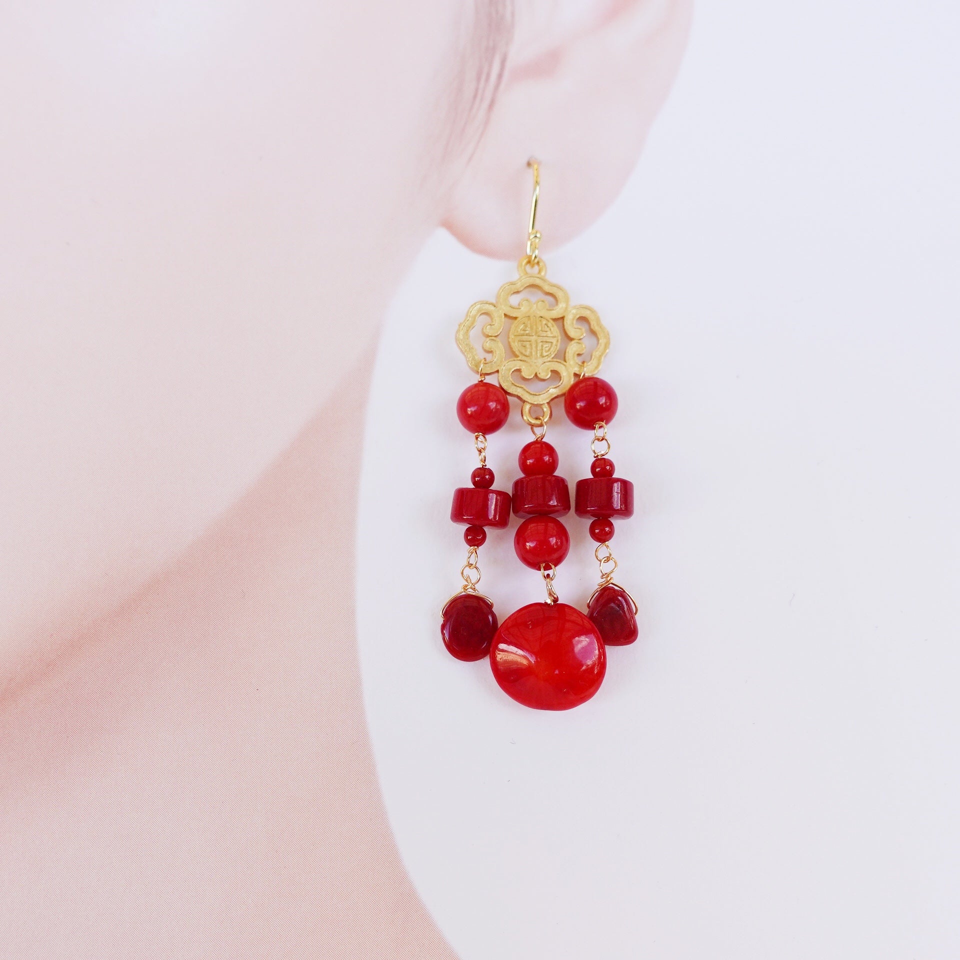 Gold Red Coral Tassel Earrings