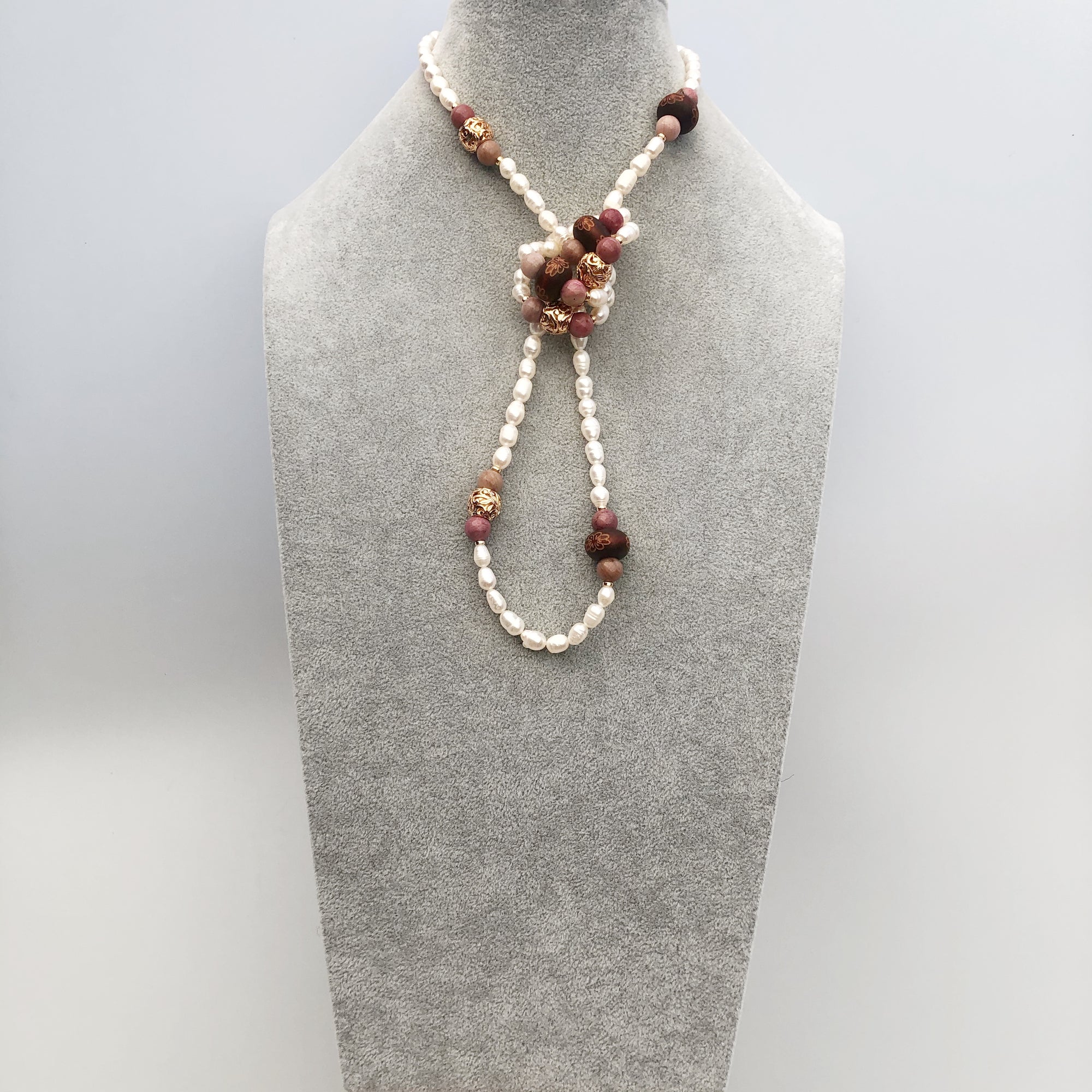 Return to Origin Beaded Wood and Pearl Necklace