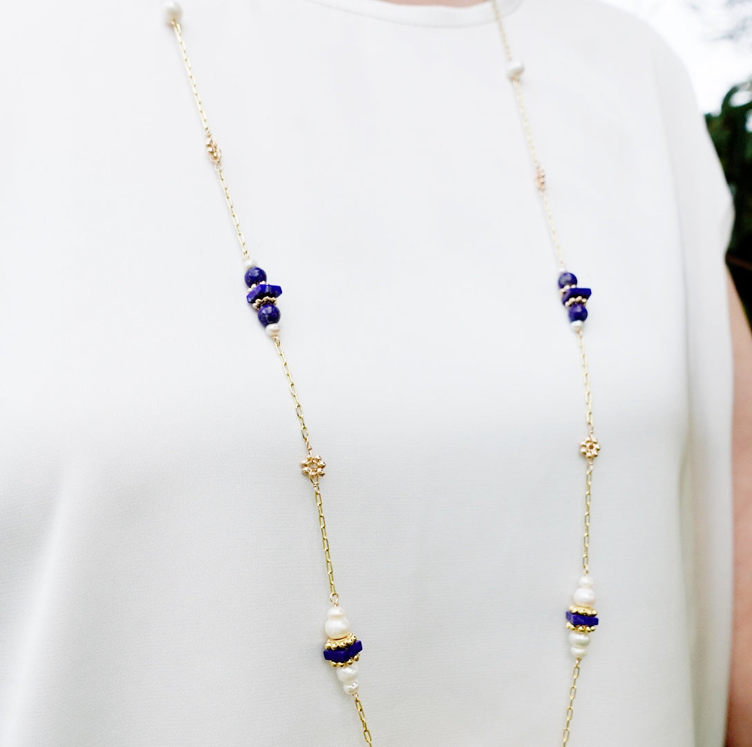 The Nine Lapis and Pearl Long Necklace and Earrings Set