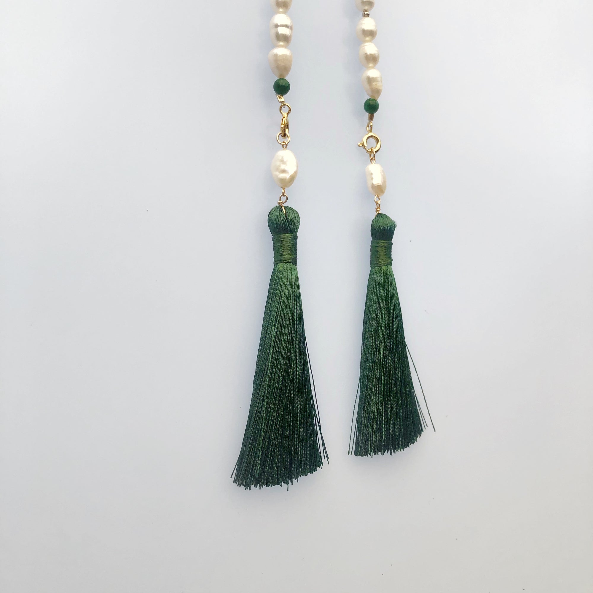 Return to Origin Beaded Pearl Lariat Necklace Set with Green Tassels - Yun Boutique