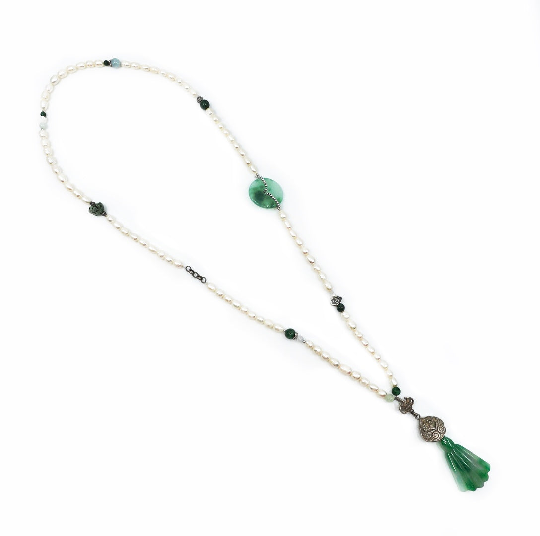 Yun Boutique Long Beaded Pearl Necklace with Jade Pendant, jade necklace, long pearl necklace, handmade necklace, jade pendant, real jade necklace, pearl necklace silver, silver and pearl necklace, real pearl necklace women, lengthy necklace, long necklace, freshwater pearl necklace, small pearl necklace, long pendant necklace, vintage pearl necklace, natural pearl necklace