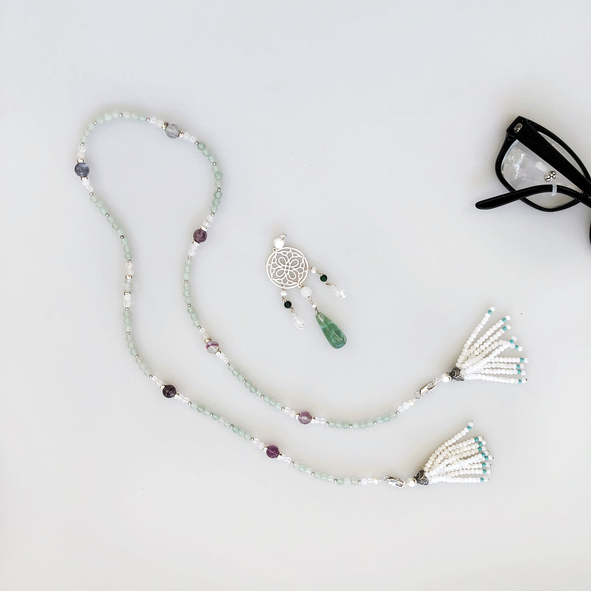 Multi-style Aventurine Lariat Necklace Set with Moonstone Tassels