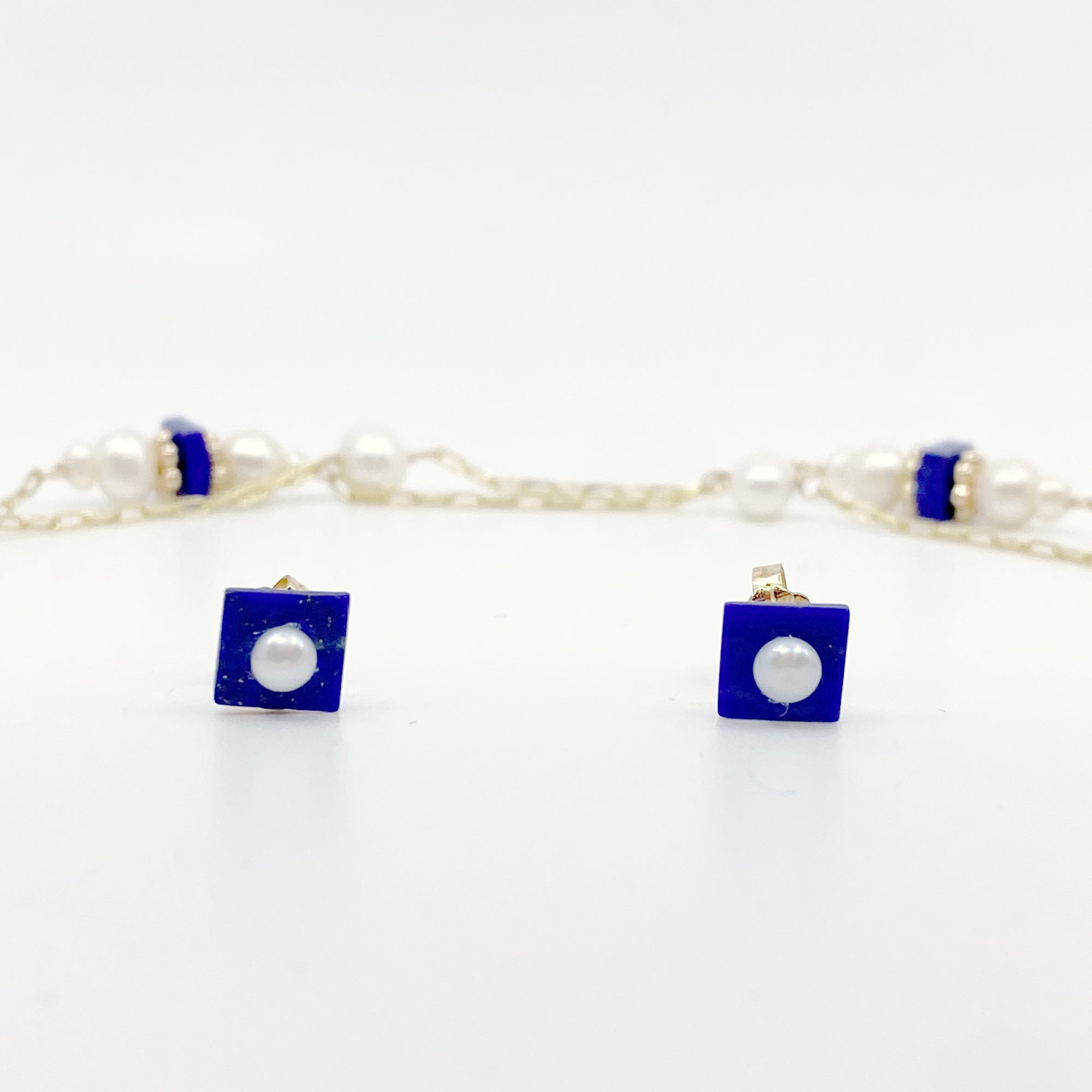 The Nine Lapis and Pearl Long Necklace and Earrings Set