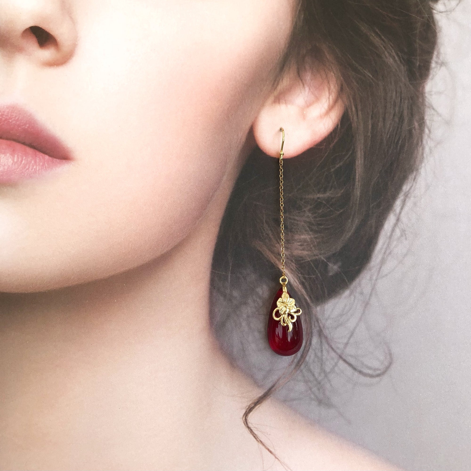 Red Jade Earrings with Long Dangle Chain - Yun Boutique