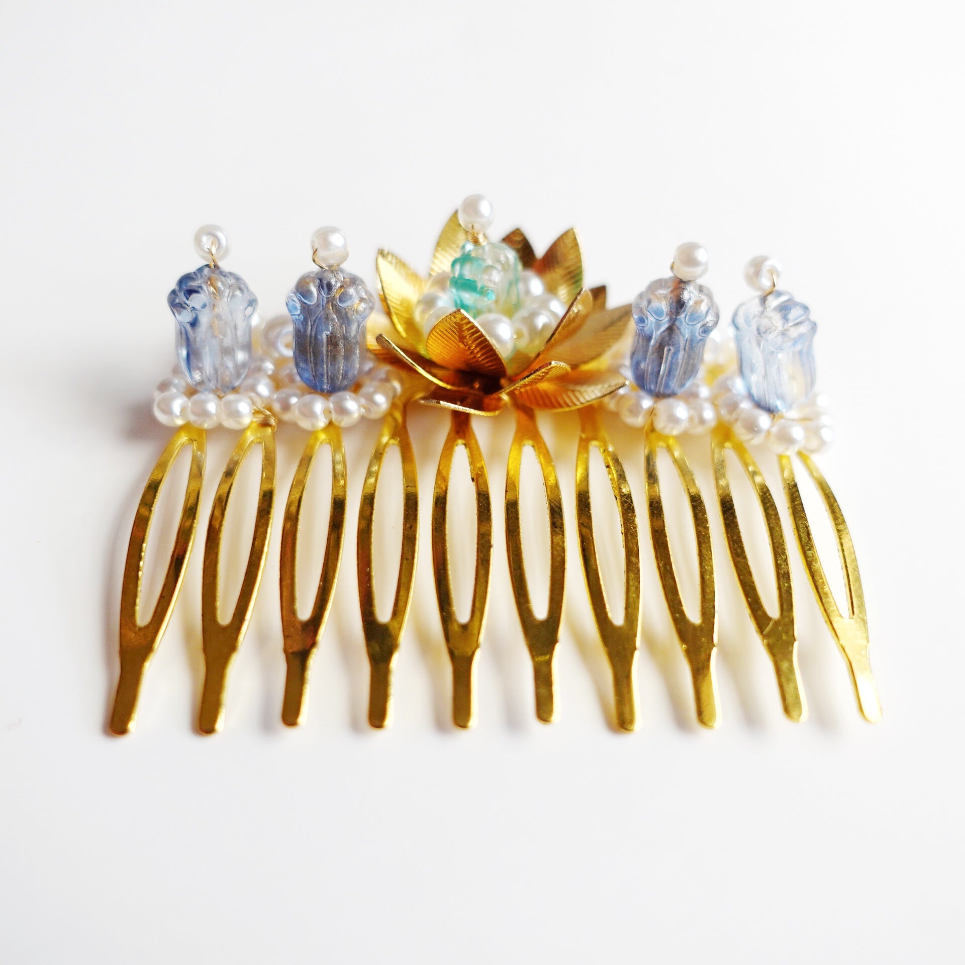 Gold and Blue Lotus Tiara Comb - Yun Boutique