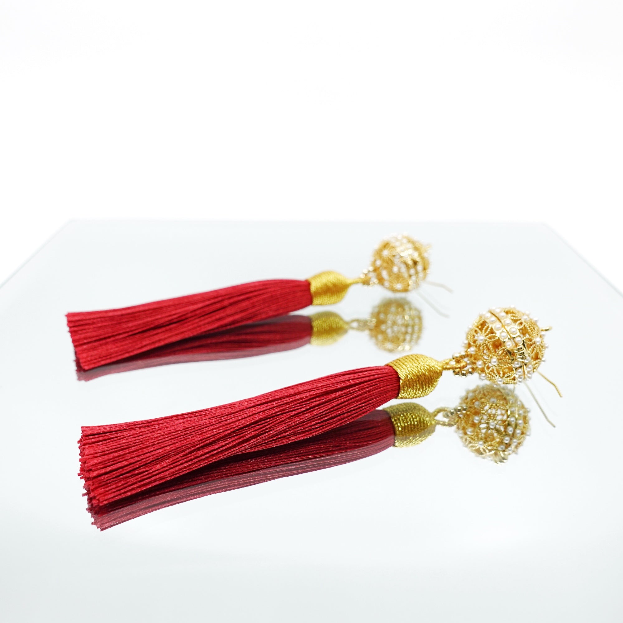 Herbal Locket Silk Tassel Earrings - Red - Yun Boutique