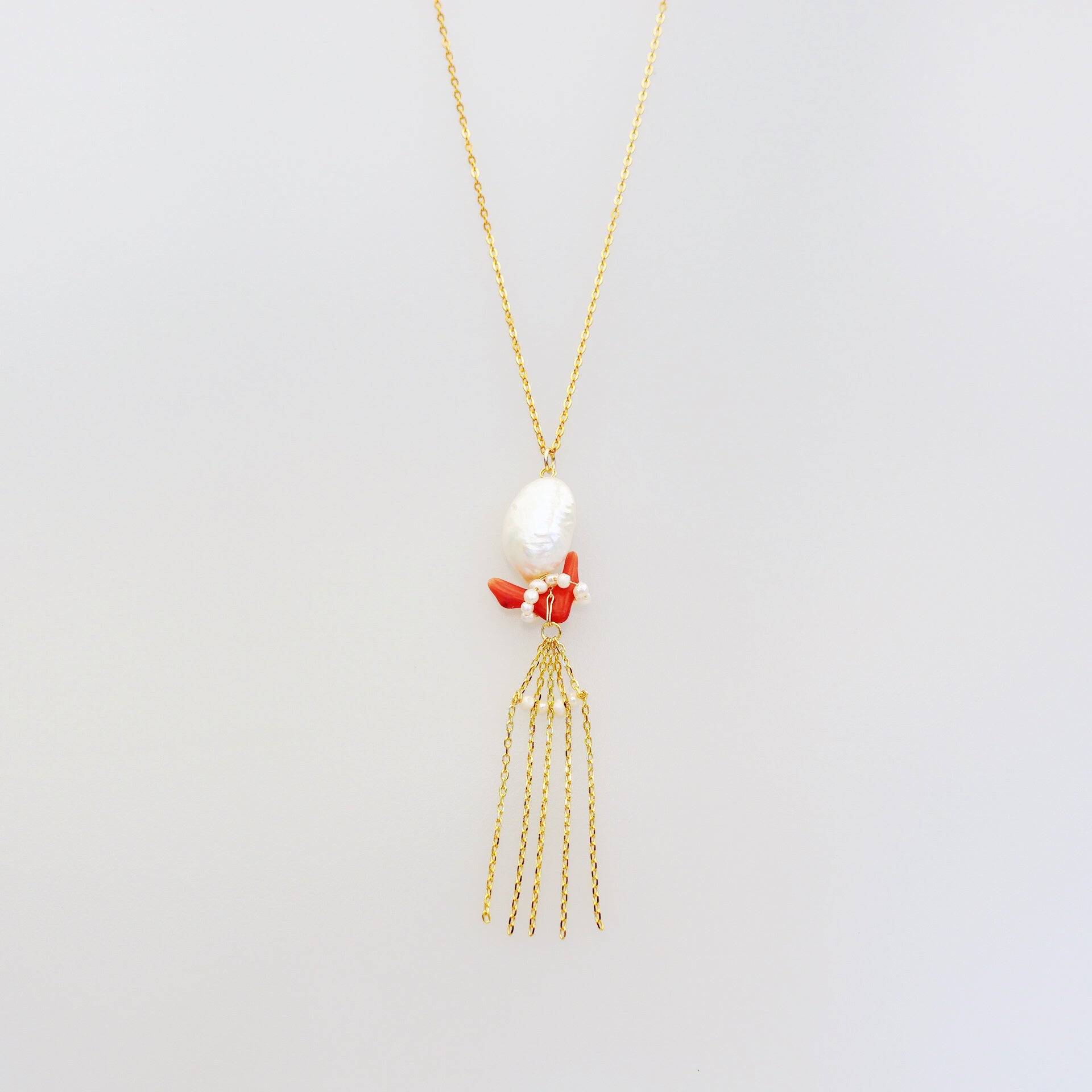 Dragon Princess Red Coral and Pearl Tassel Necklace - Yun Boutique