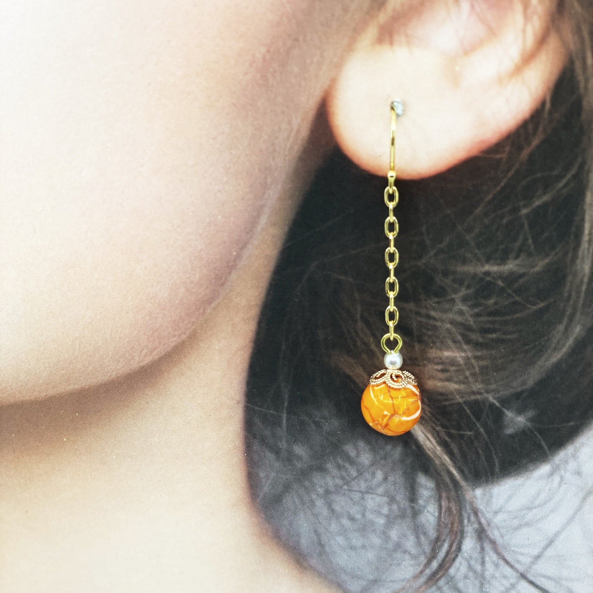 Gold Plated Orange Howlite Earrings