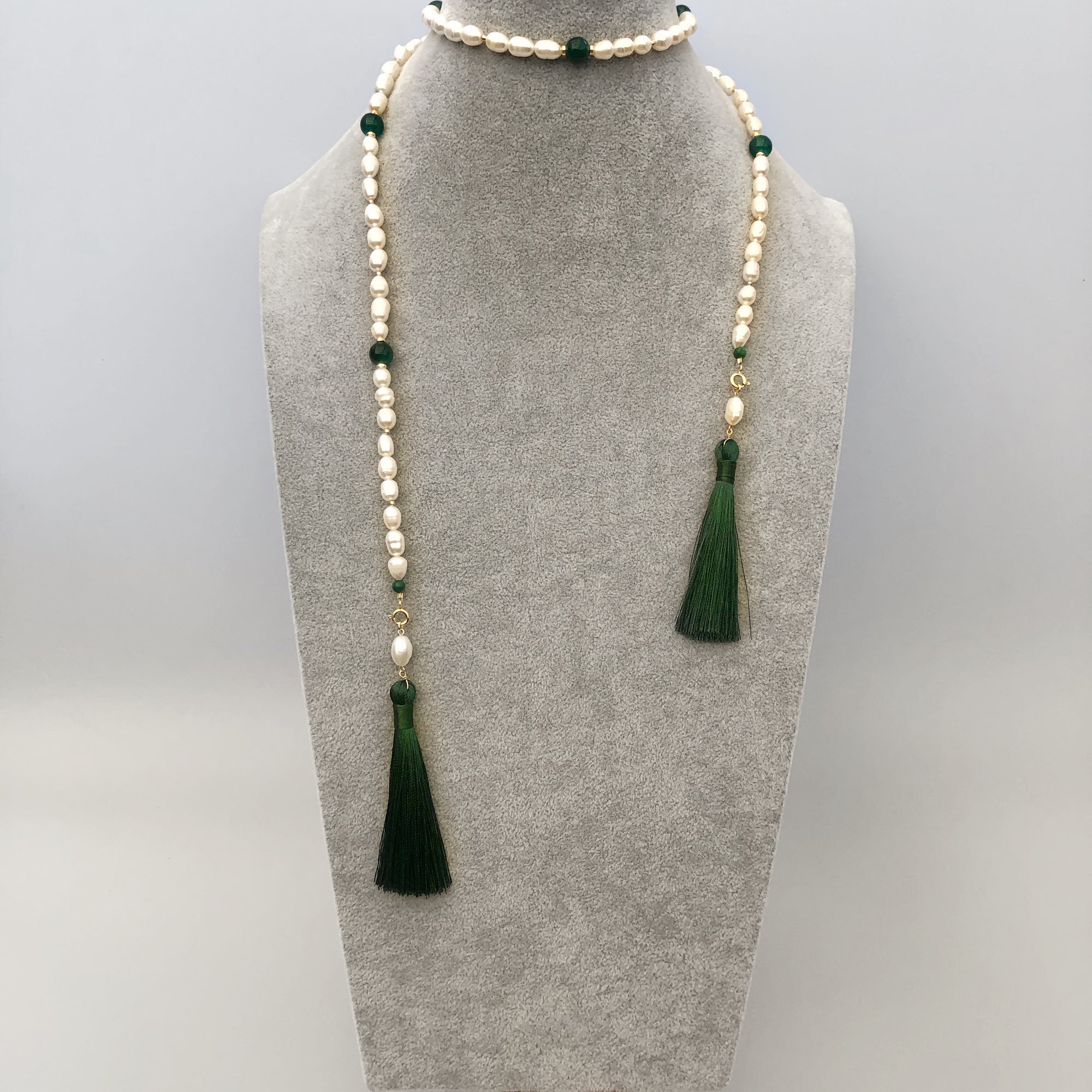 Return to Origin Beaded Pearl Lariat Necklace Set with Green Tassels - Yun Boutique