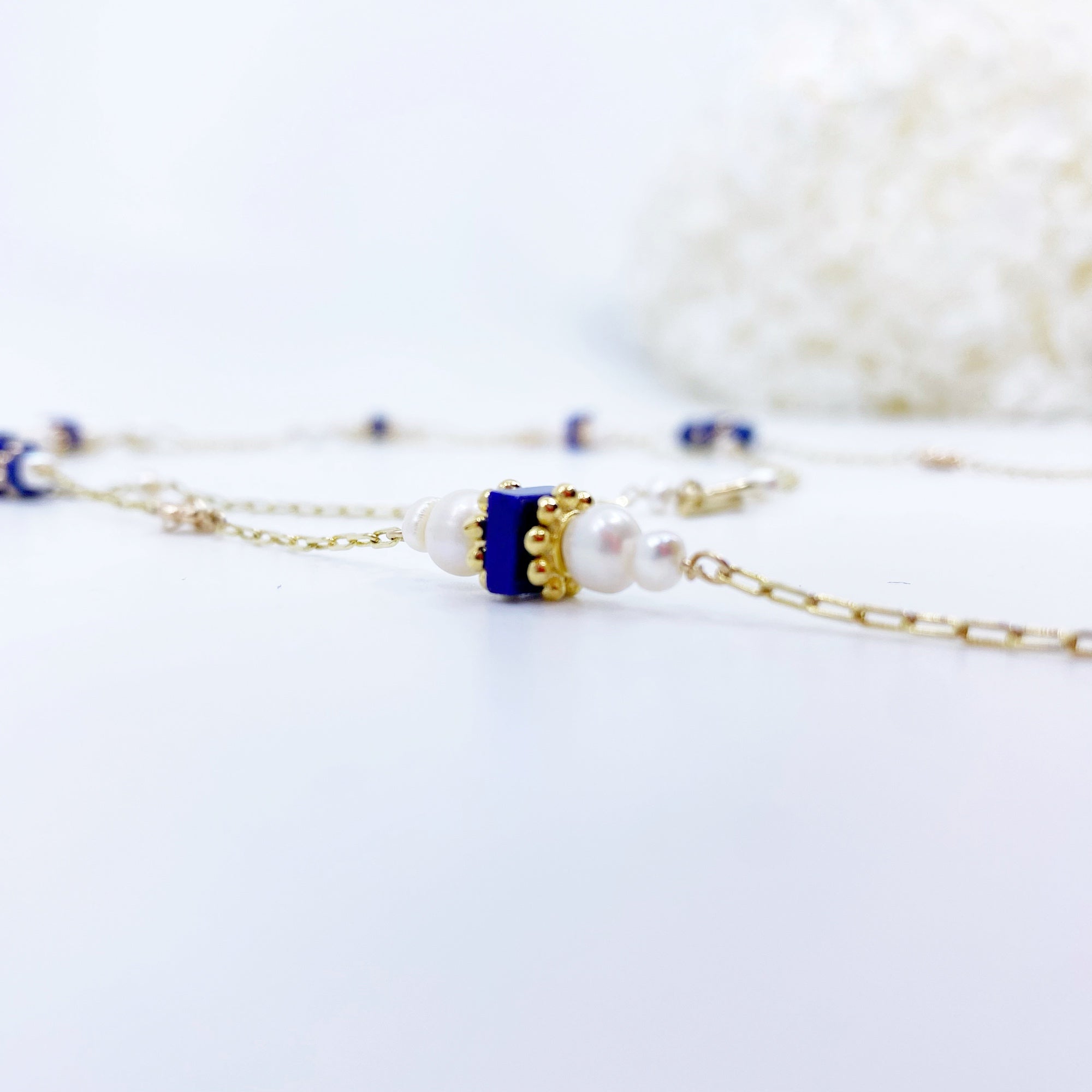 The Nine Lapis and Pearl Long Necklace and Earrings Set