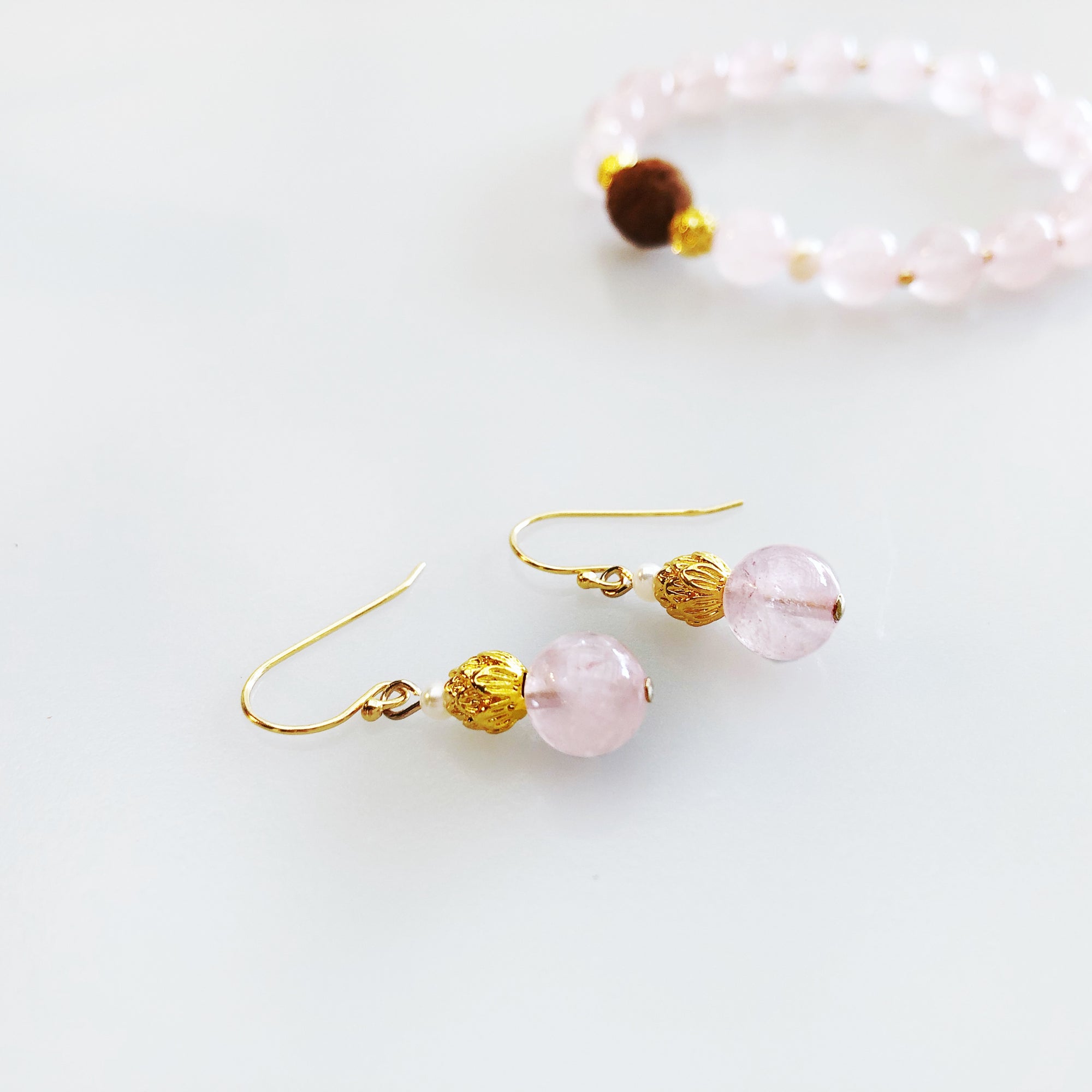 Gold Rose Quartz Lotus Earrings