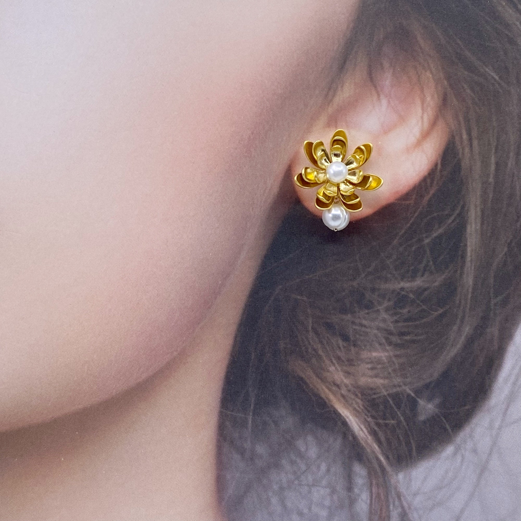 Gold Lotus Pearl Stud Earrings