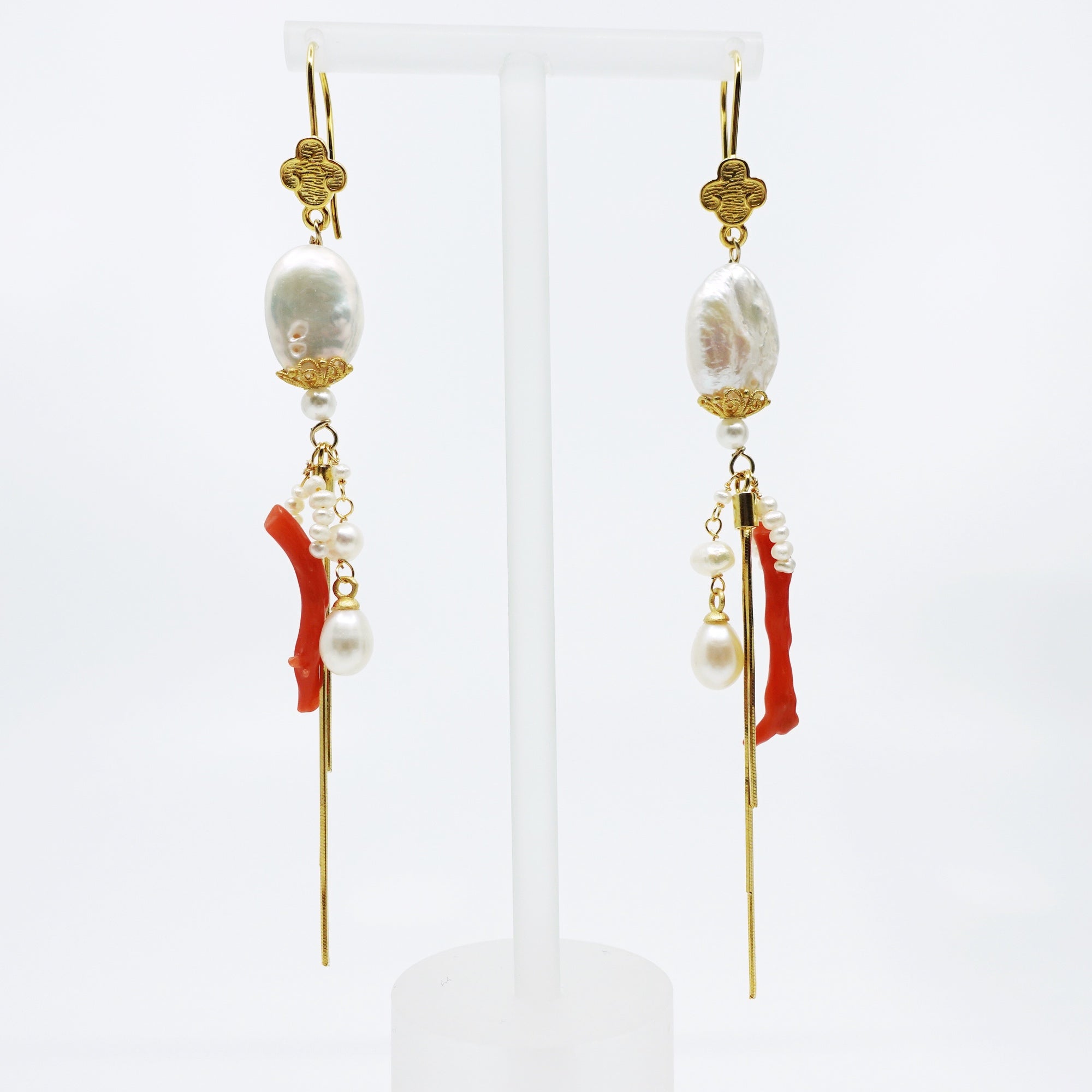 Dragon Princess Red Coral and Pearl Statement Earrings - Yun Boutique