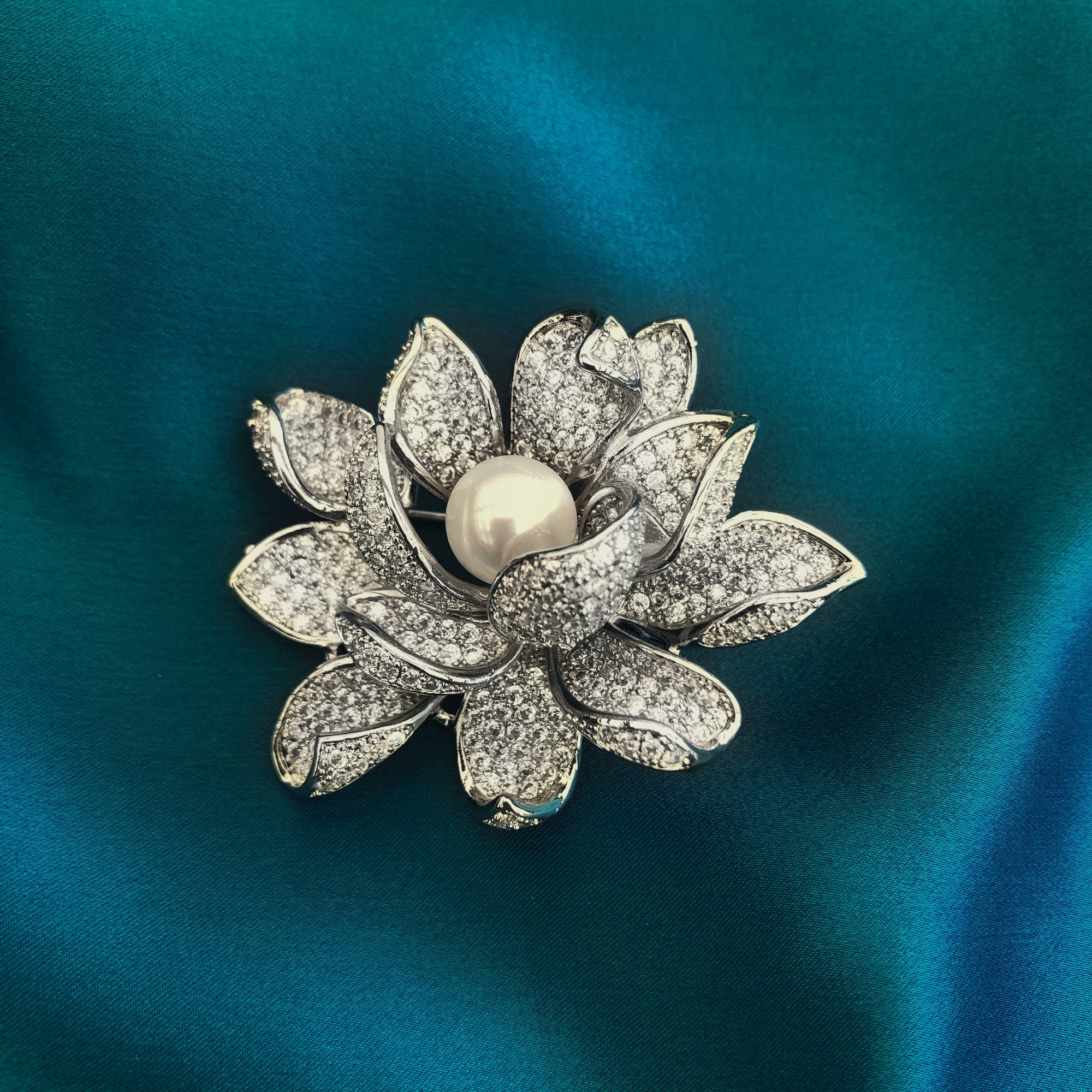 Silver Plated Lotus Zircon Brooch Pendant