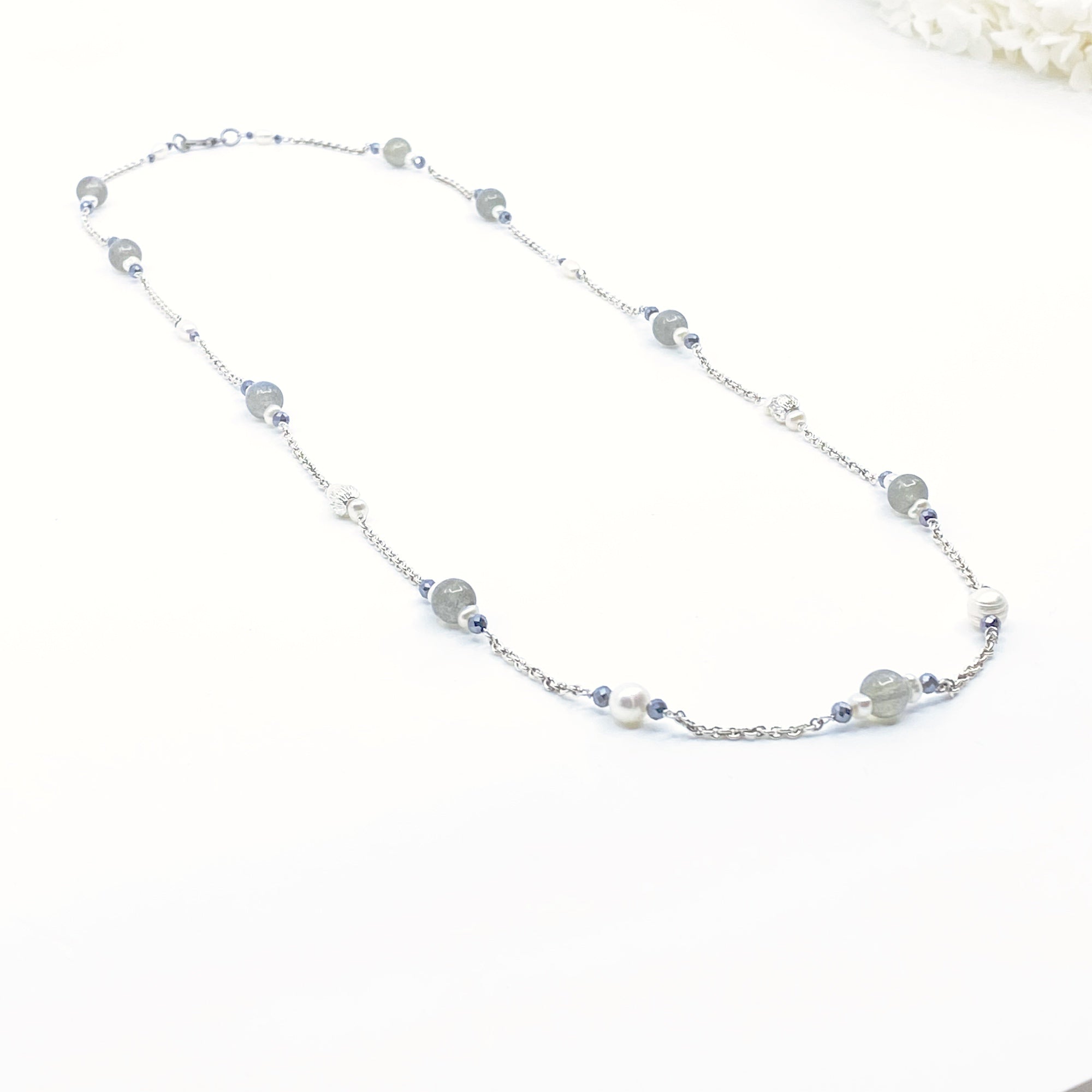 Yun Boutique Grey Moonstone Long Necklace in Sterling Silver