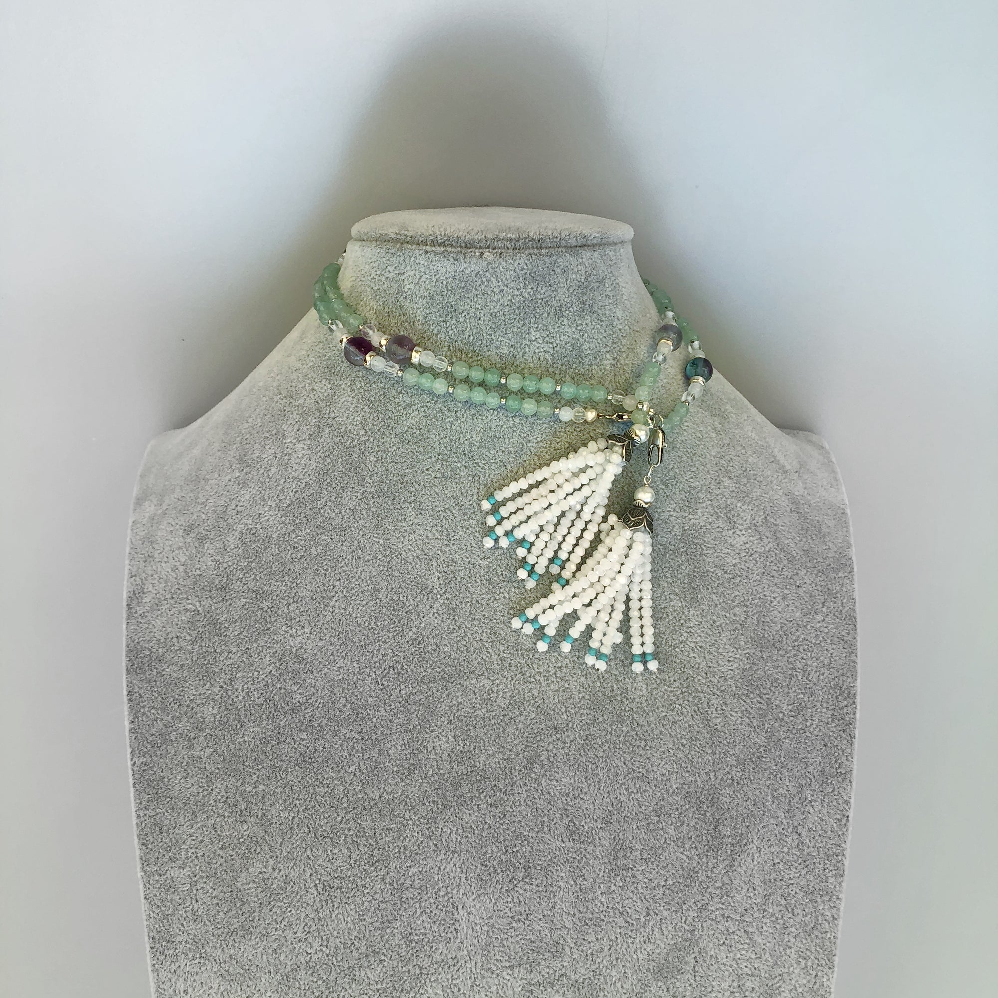 Multi-style Aventurine Lariat Necklace Set with Moonstone Tassels - Yun Boutique