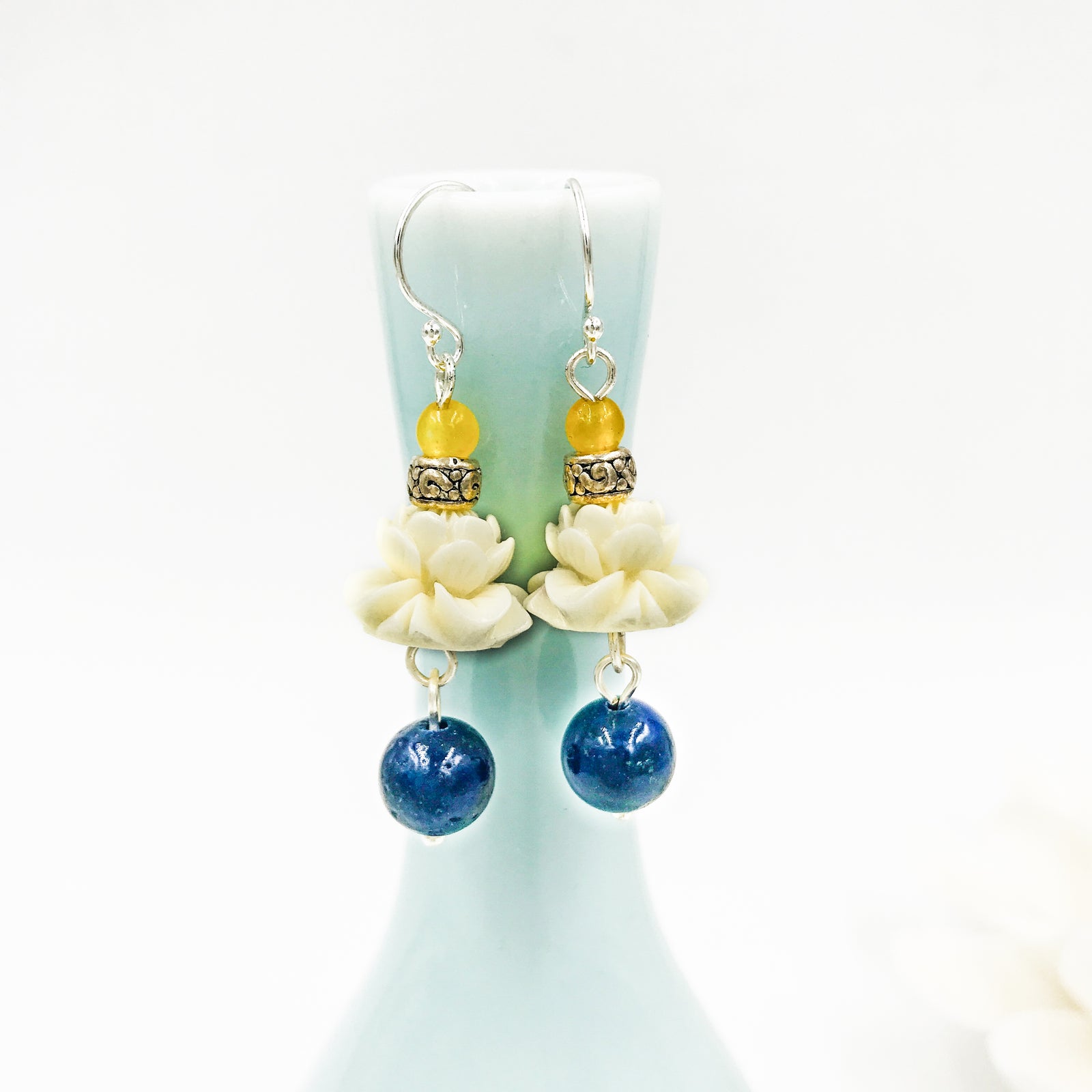 Coral Lotus Earrings with Lapis - Yun Boutique