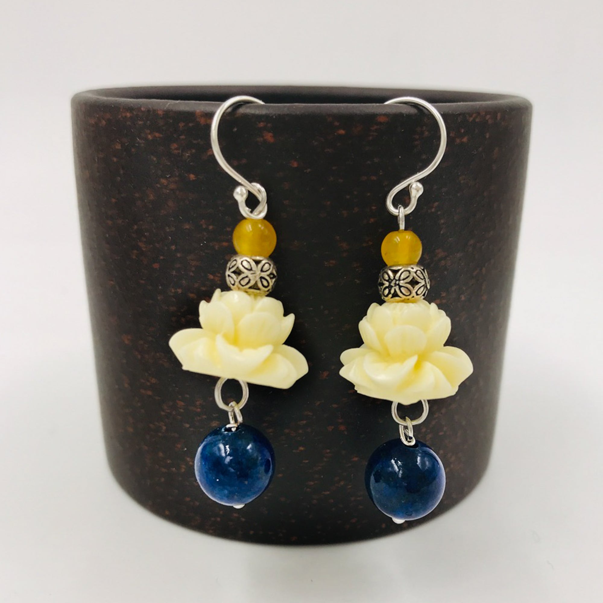 Coral Lotus Earrings with Lapis - Yun Boutique