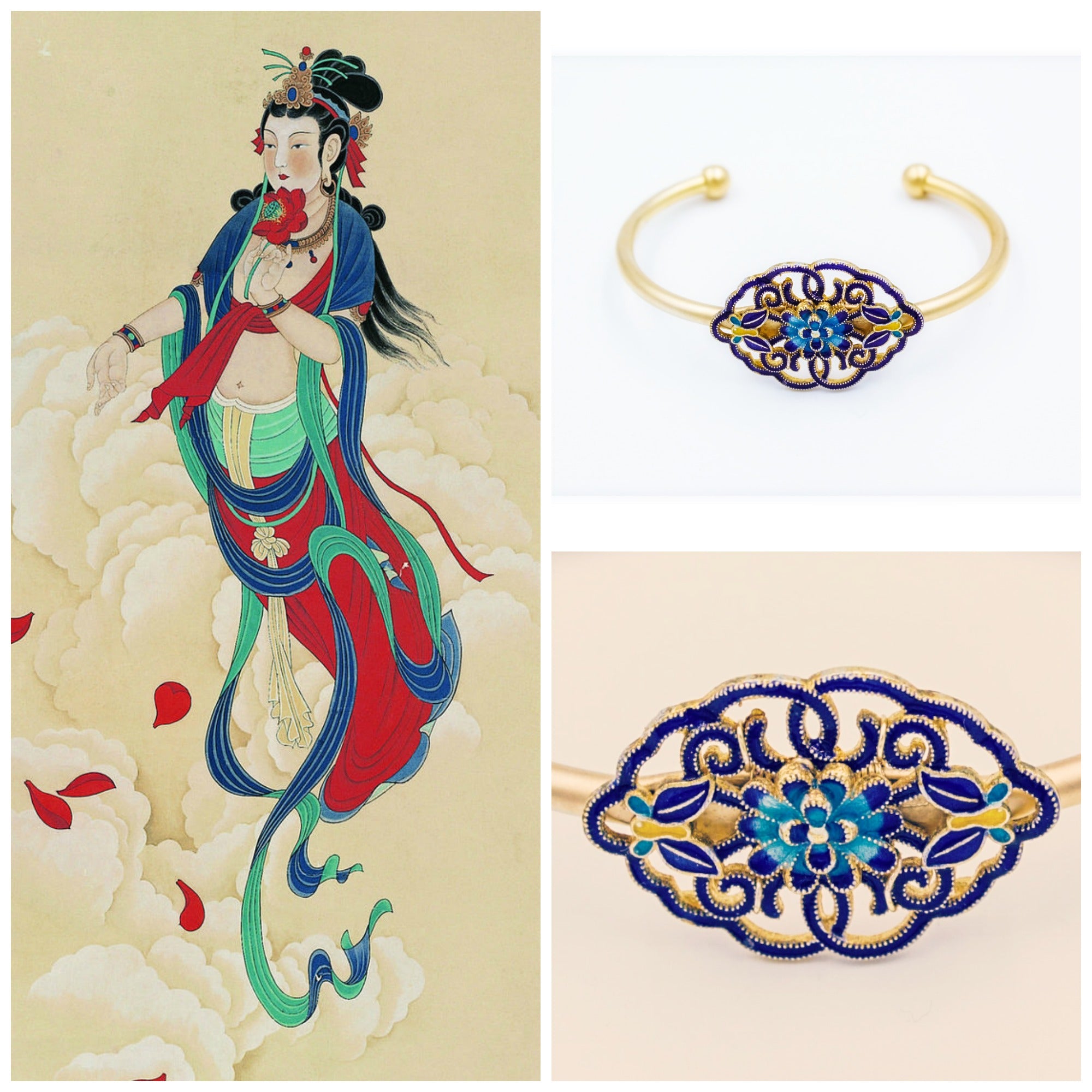 Enamel Auspicious Clouds Lotus Cuff Bangle Bracelet - Yun Boutique