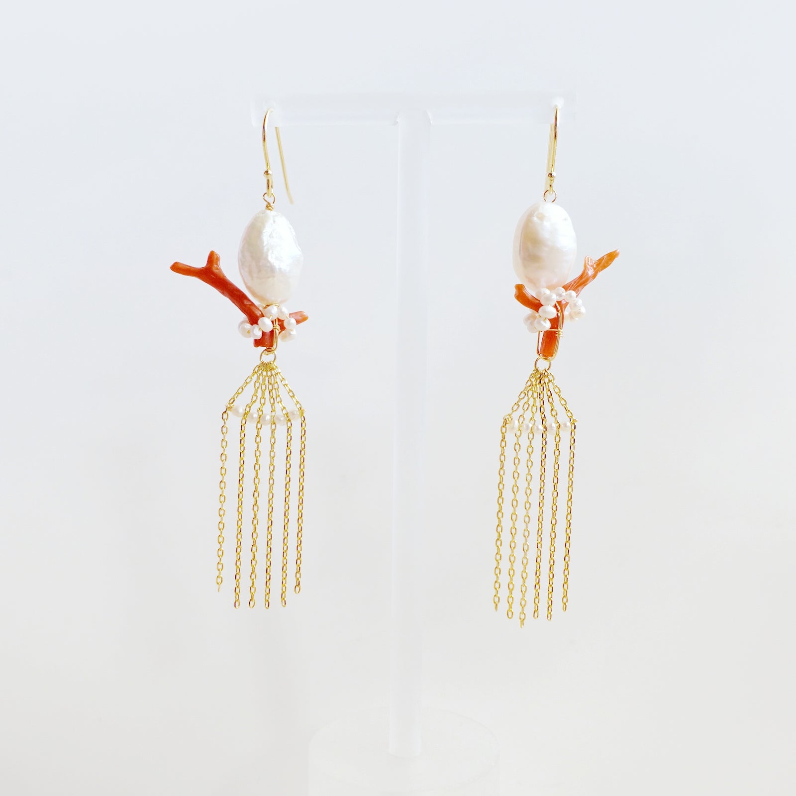 Dragon Princess Red Coral and Pearl Tassel Earrings - Yun Boutique