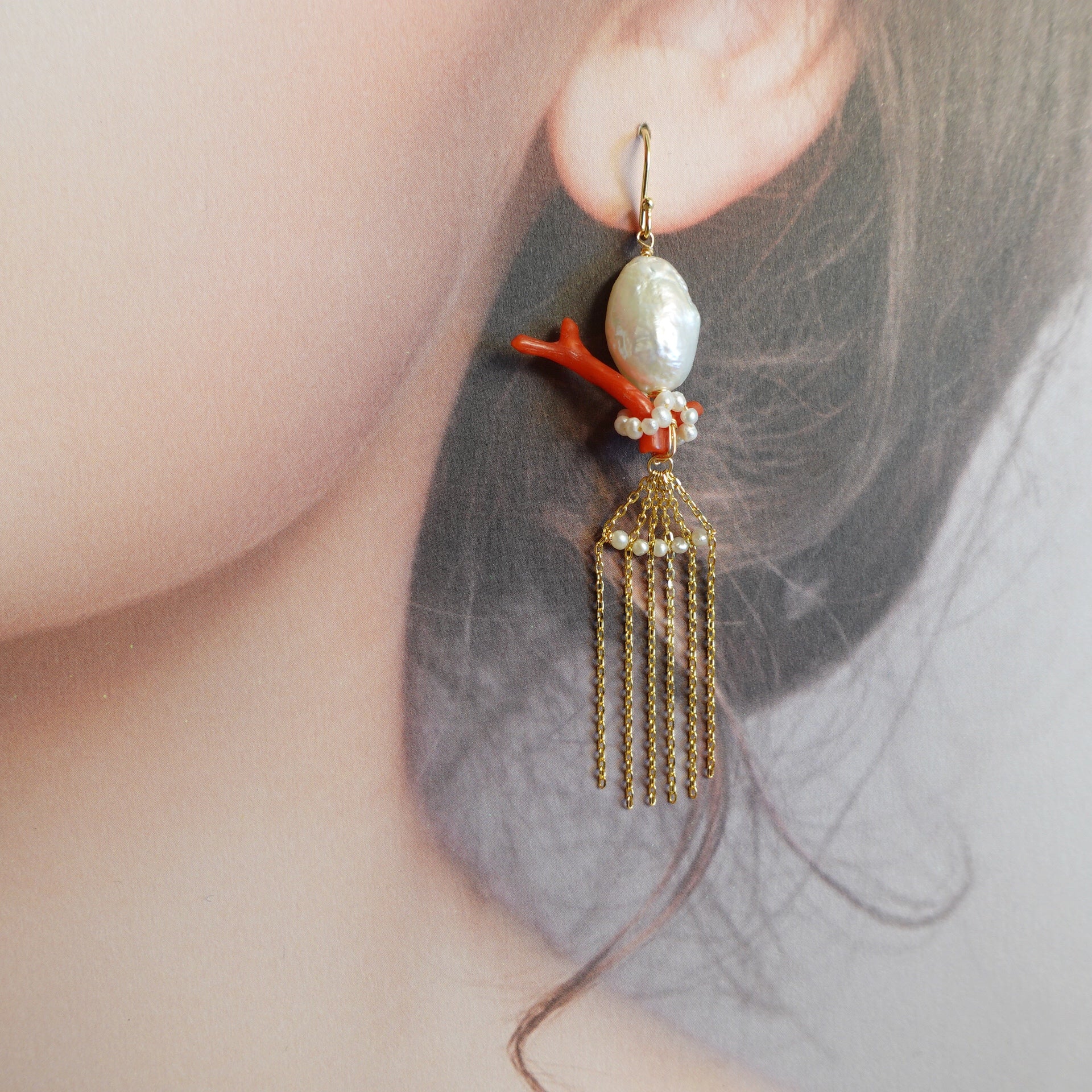 Dragon Princess Red Coral and Pearl Tassel Earrings - Yun Boutique