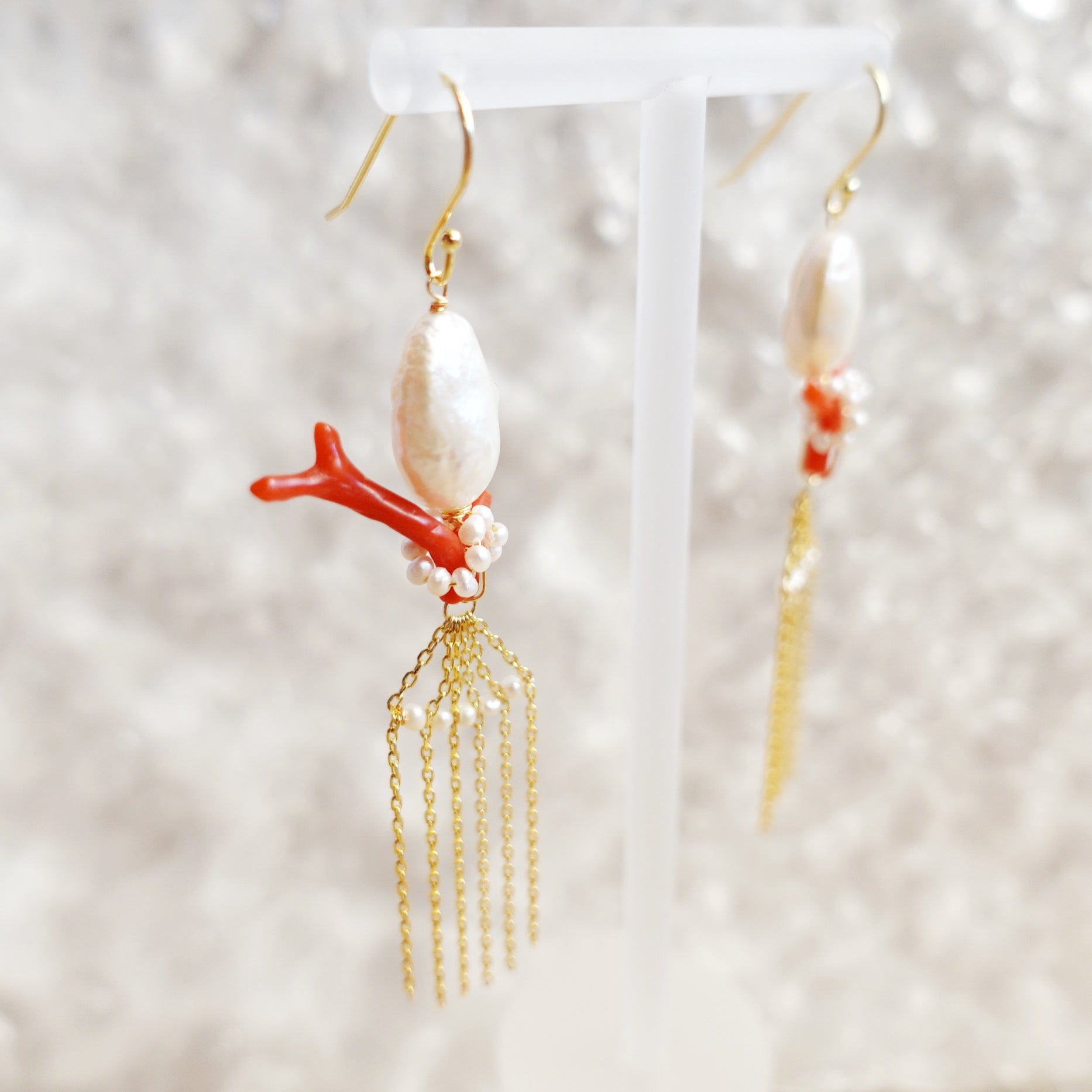 Dragon Princess Red Coral and Pearl Tassel Earrings - Yun Boutique