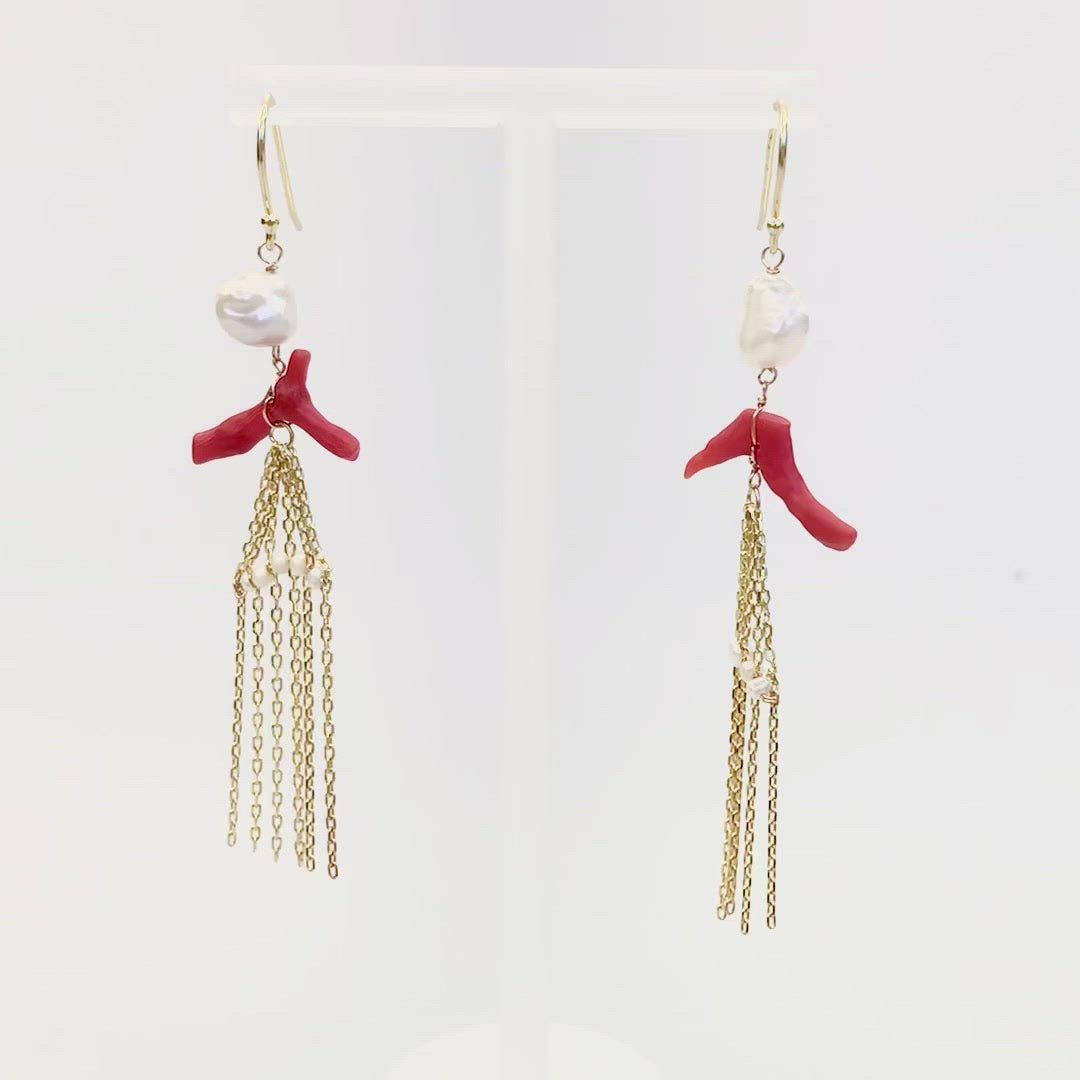 Natural Red Coral Waterfall Earrings