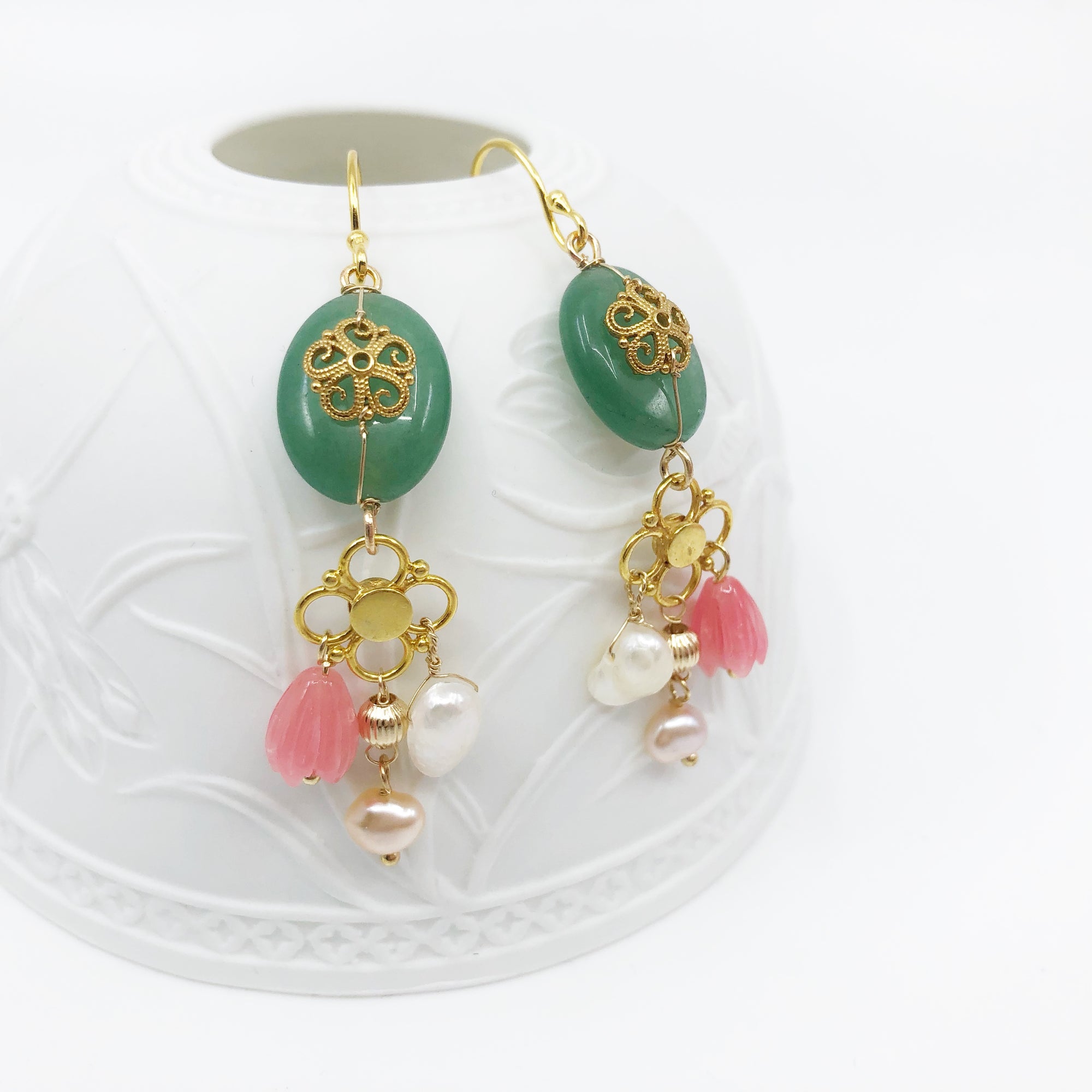 Gold Filigree Flower Aventurine Earrings