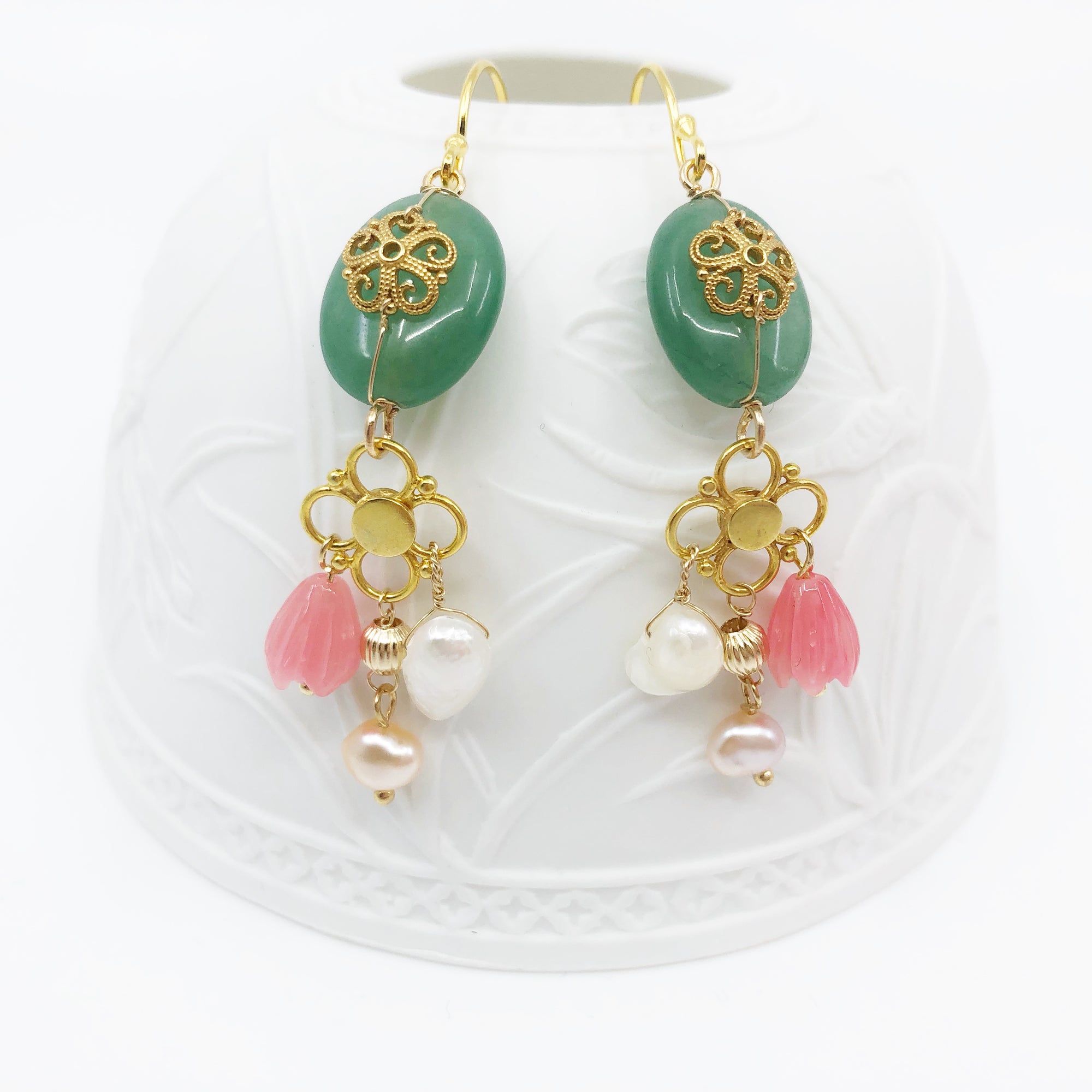 Gold Filigree Flower Aventurine Earrings