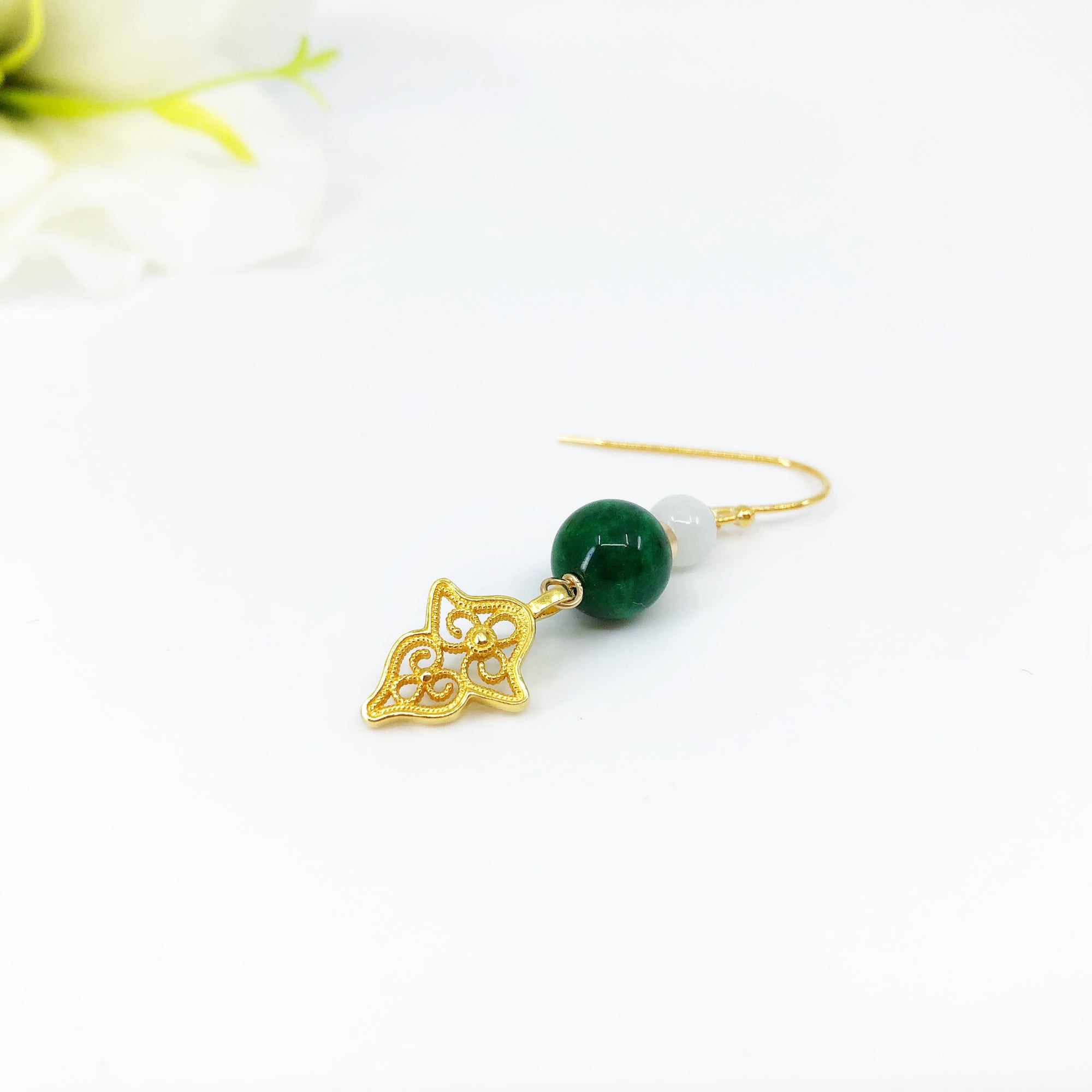 Vintage Style Gold Jade Filigree Earrings