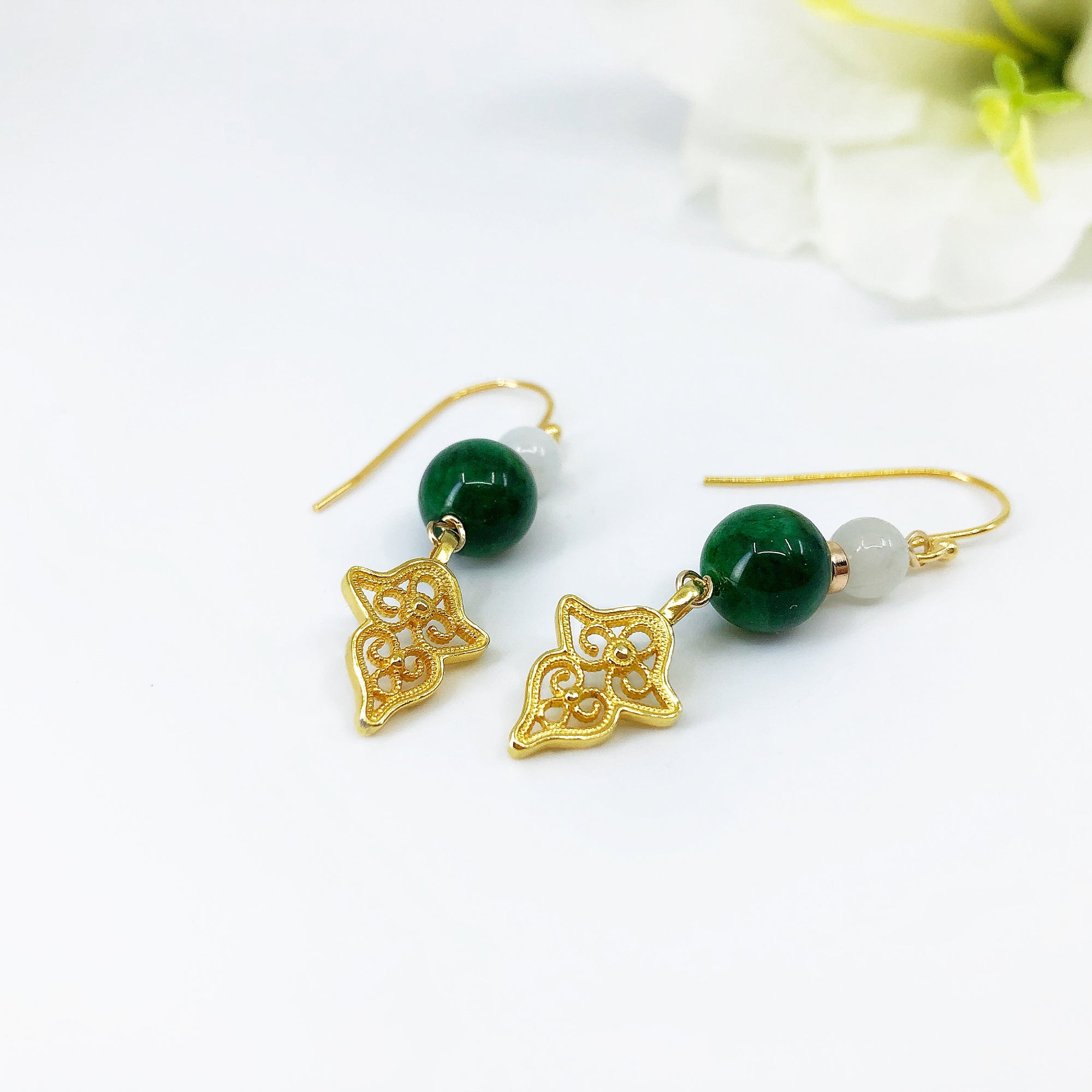 Vintage Style Gold Jade Filigree Earrings