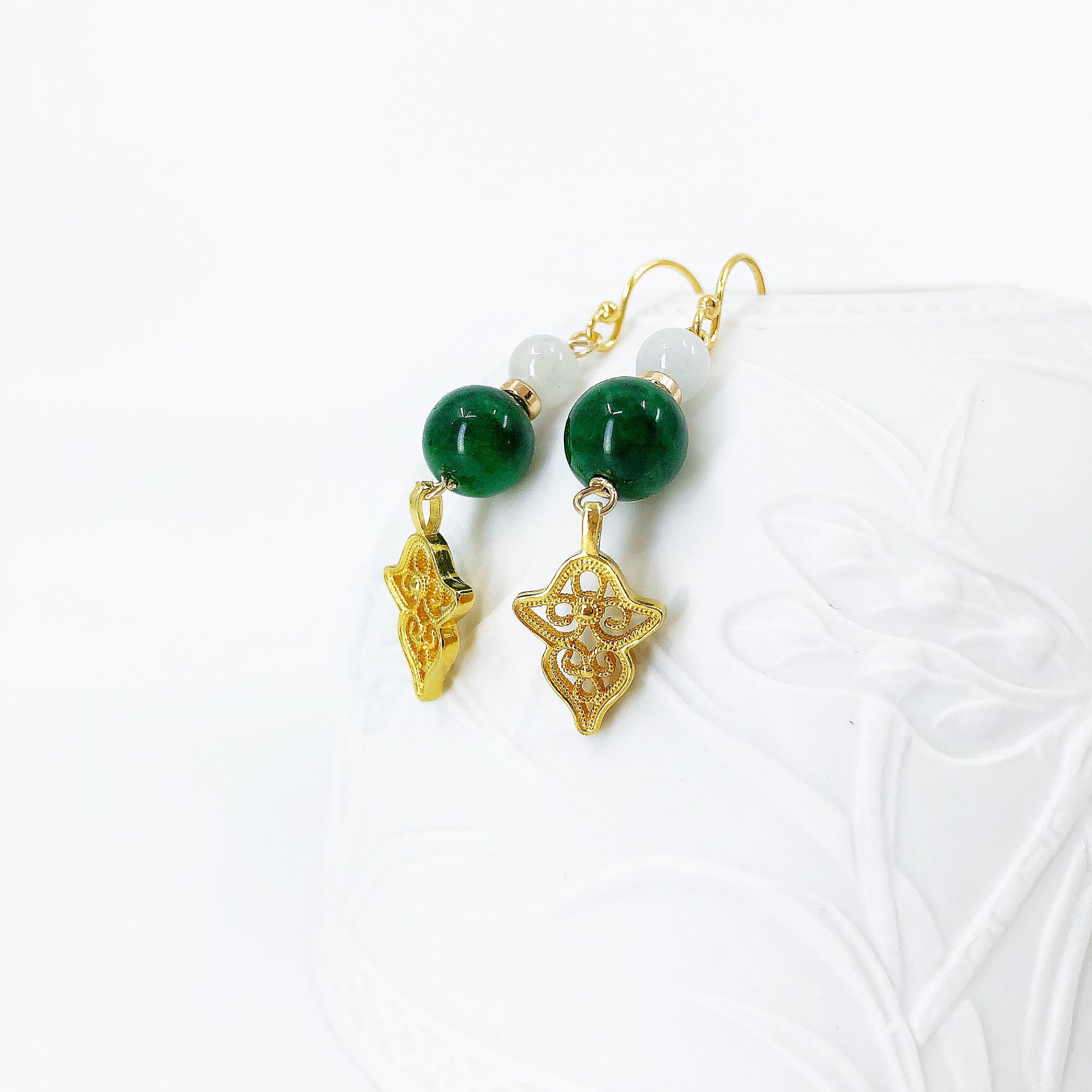 Vintage Style Gold Jade Filigree Earrings