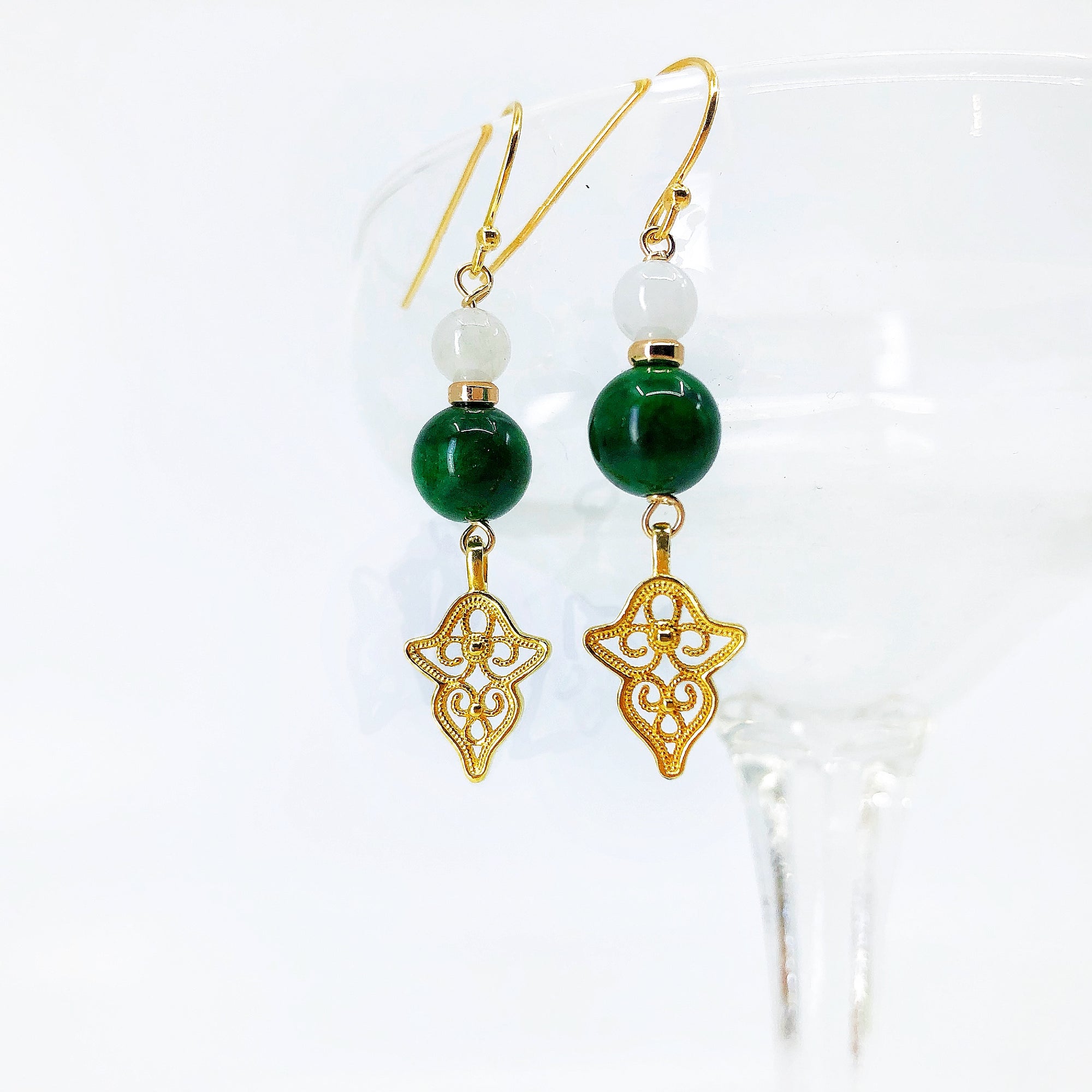 Vintage Style Gold Jade Filigree Earrings